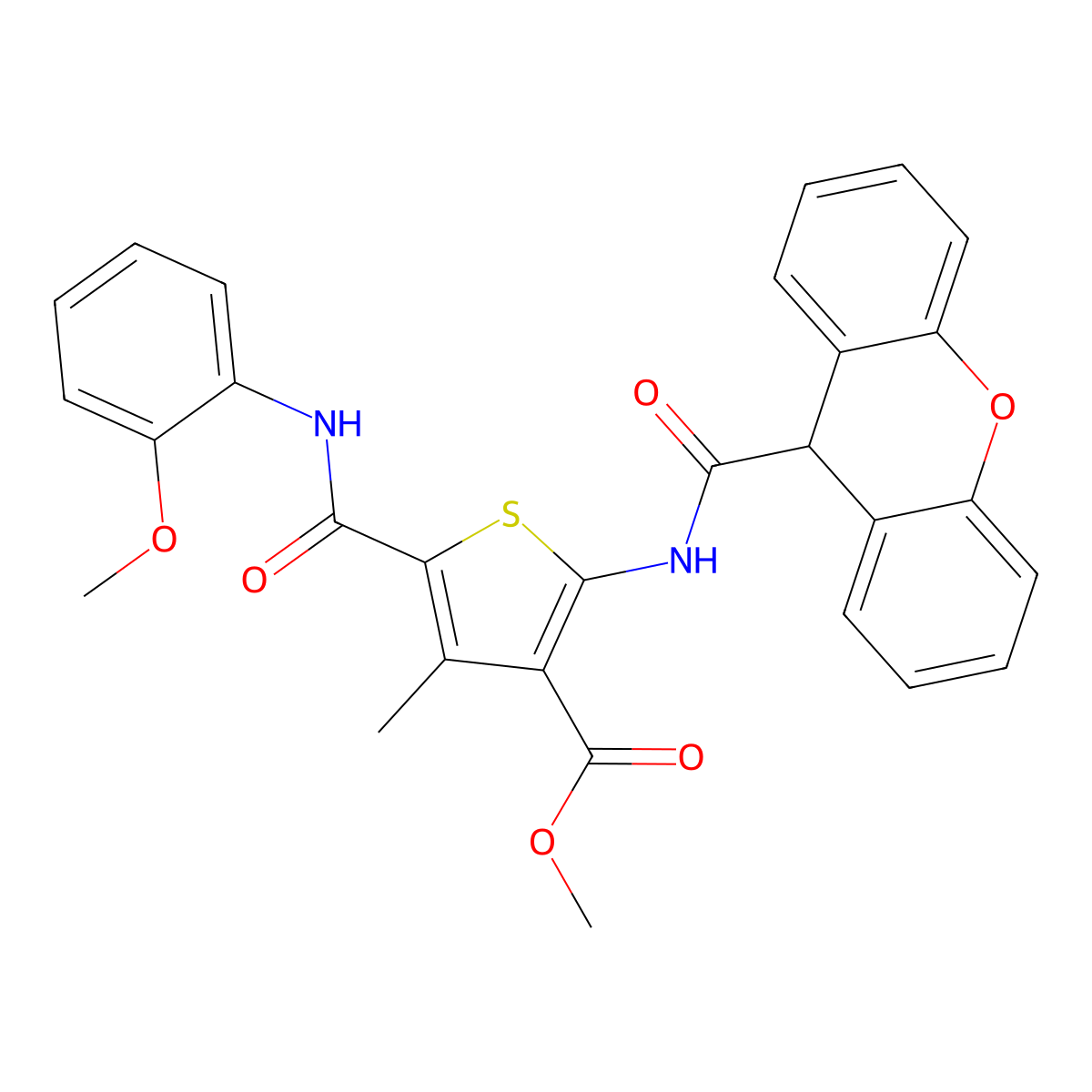 methyl 5-[(2-methoxyphenyl)carbamoyl]-4-methyl-2-(9H-xanthene-9-carbonylamino)thiophene-3-carboxylate molecular structure, CAS 444909-04-0