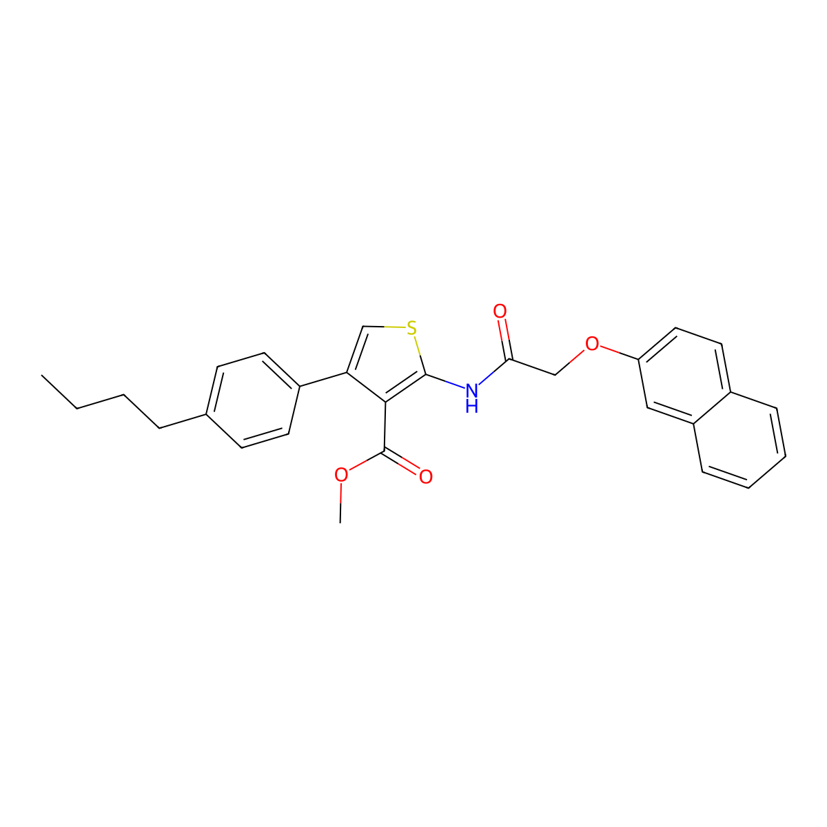 Methyl 4-(4-butylphenyl)-2-{[(2-naphthyloxy)acetyl]amino}-3-thiophenecarboxylate molecular structure, CAS 444909-22-2