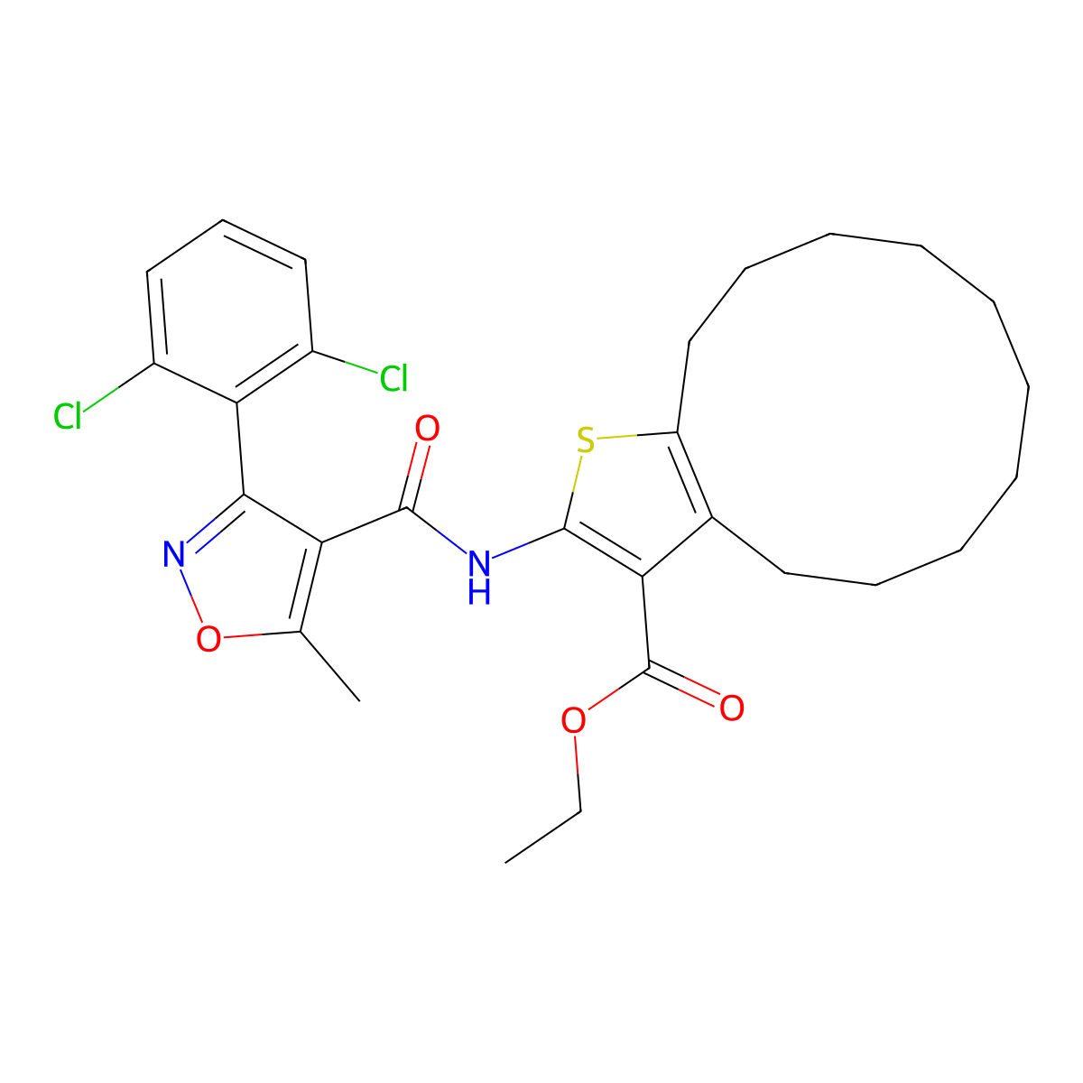 Ethyl 2-({[3-(2,6-dichlorophenyl)-5-methyl-4-isoxazolyl]carbonyl}amino)-4,5,6,7,8,9,10,11,12,13-decahydrocyclododeca[b]thiophene-3-carboxylate molecular structure, CAS 444909-27-7
