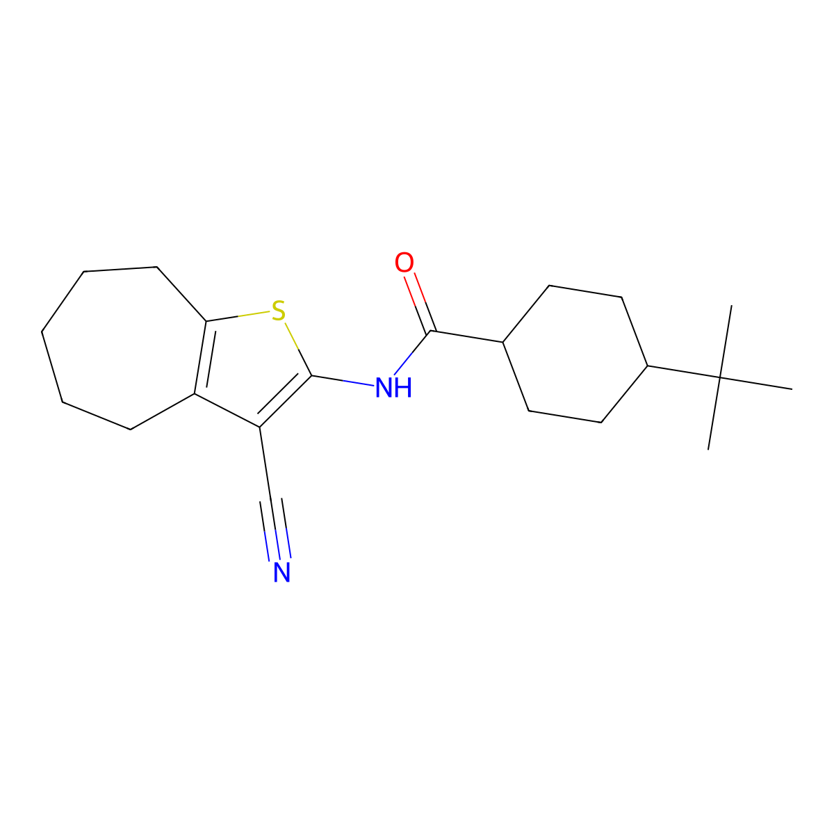 4-tert-butyl-N-(3-cyano-5,6,7,8-tetrahydro-4H-cyclohepta[b]thiophen-2-yl)cyclohexane-1-carboxamide molecular structure, CAS 444909-29-9
