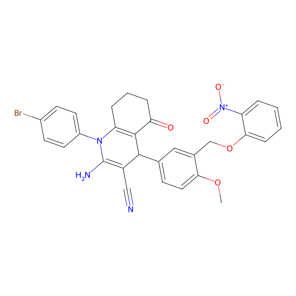 2-Amino-1-(4-bromophenyl)-1,4,5,6,7,8-hexahydro-4-(4-methoxy-3-((2-nitrophenoxy)methyl)phenyl)-5-oxo-3-quinolinecarbonitrile molecular structure, CAS 444909-60-8
