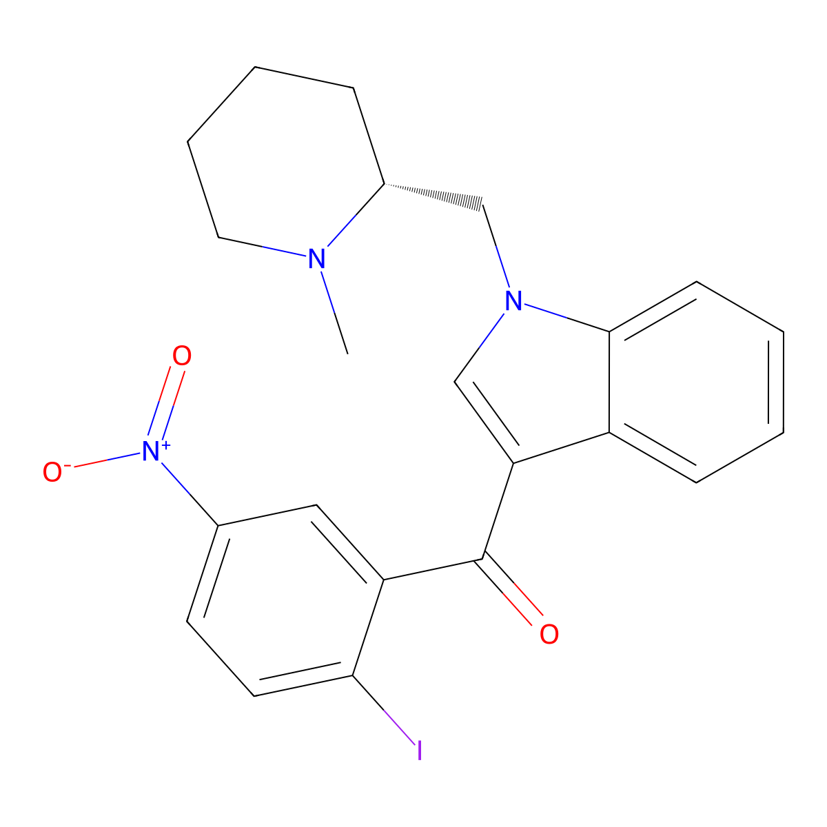 Methanone, (2-iodo-5-nitrophenyl)(1-(((2R)-1-methyl-2-piperidinyl)methyl)-1H-indol-3-yl)- molecular structure, CAS 444912-51-0