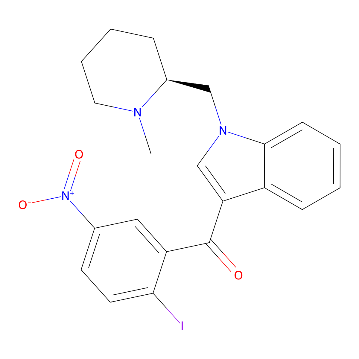 Methanone, (2-iodo-5-nitrophenyl)(1-(((2S)-1-methyl-2-piperidinyl)methyl)-1H-indol-3-yl)- molecular structure, CAS 444912-53-2