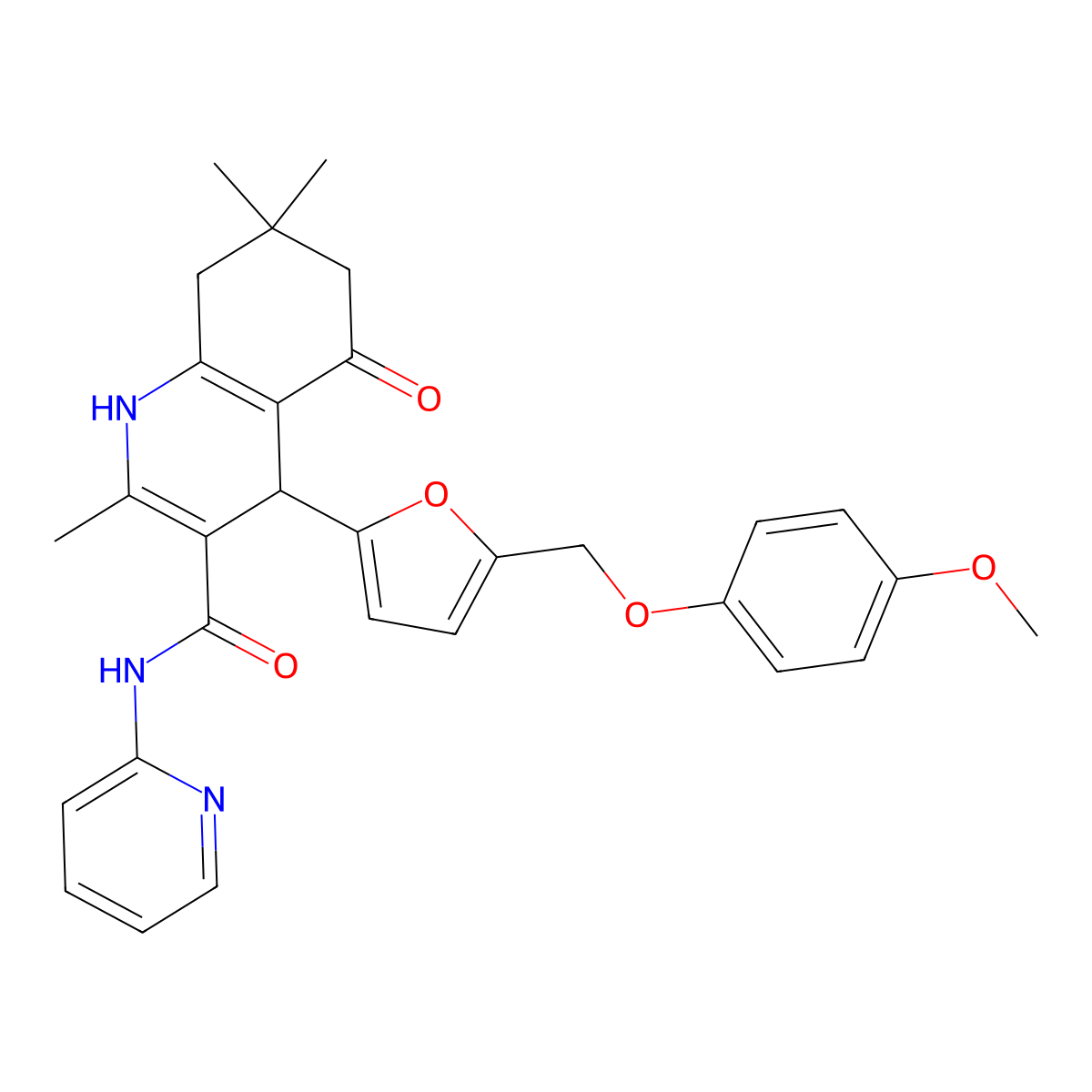 4-{5-[(4-methoxyphenoxy)methyl]-2-furyl}-2,7,7-trimethyl-5-oxo-N-(2-pyridinyl)-1,4,5,6,7,8-hexahydro-3-quinolinecarboxamide molecular structure, CAS 444923-18-6