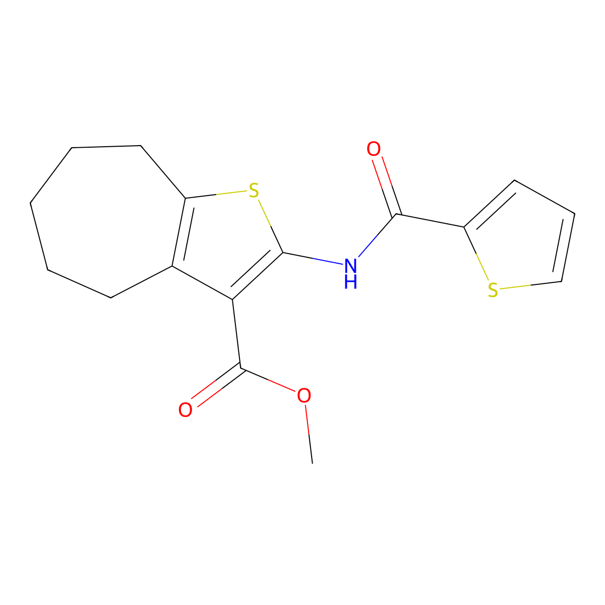 methyl 2-[(2-thienylcarbonyl)amino]-5,6,7,8-tetrahydro-4H-cyclohepta[b]thiophene-3-carboxylate molecular structure, CAS 444923-41-5