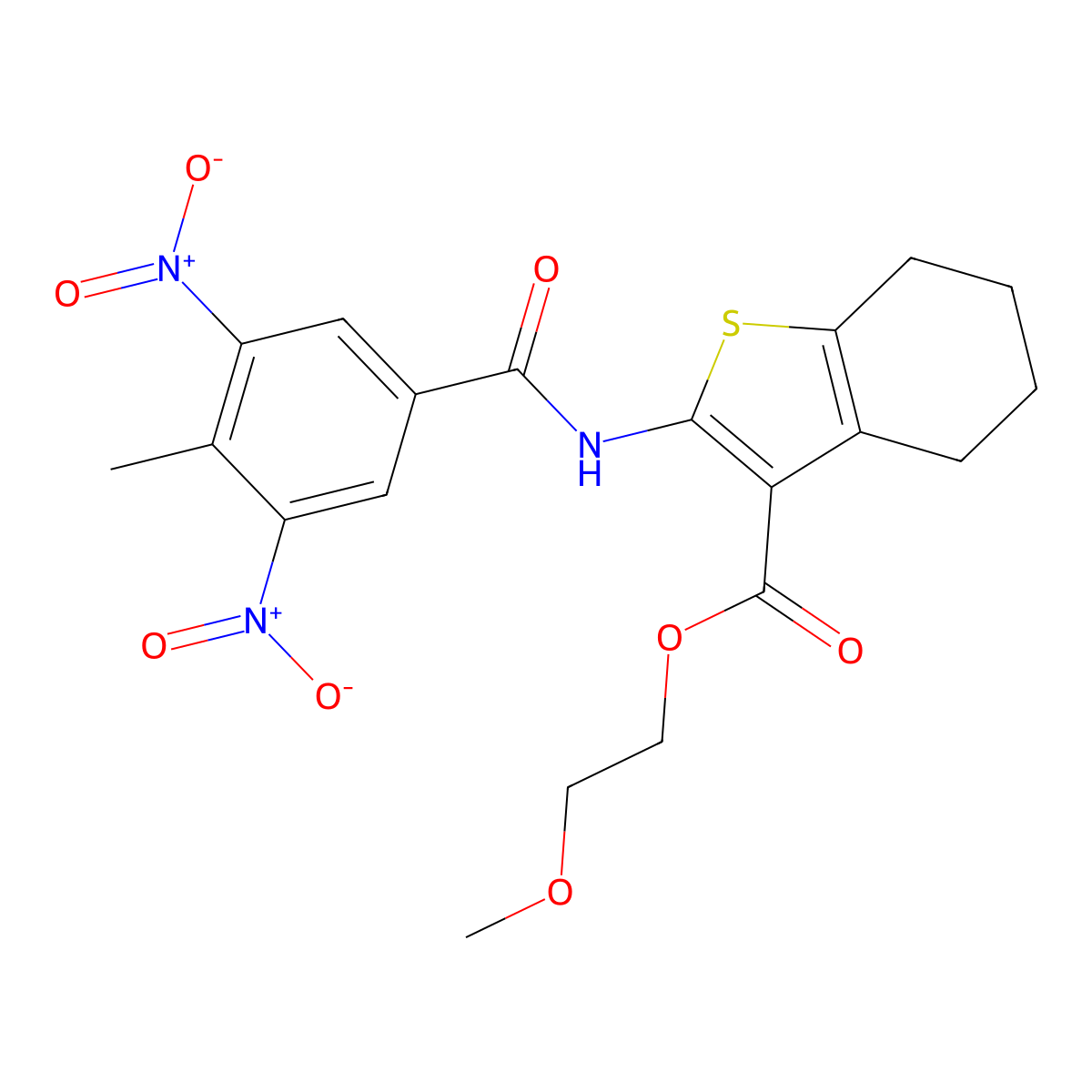 2-Methoxyethyl 2-[(4-methyl-3,5-dinitrobenzoyl)amino]-4,5,6,7-tetrahydro-1-benzothiophene-3-carboxylate molecular structure, CAS 444923-52-8