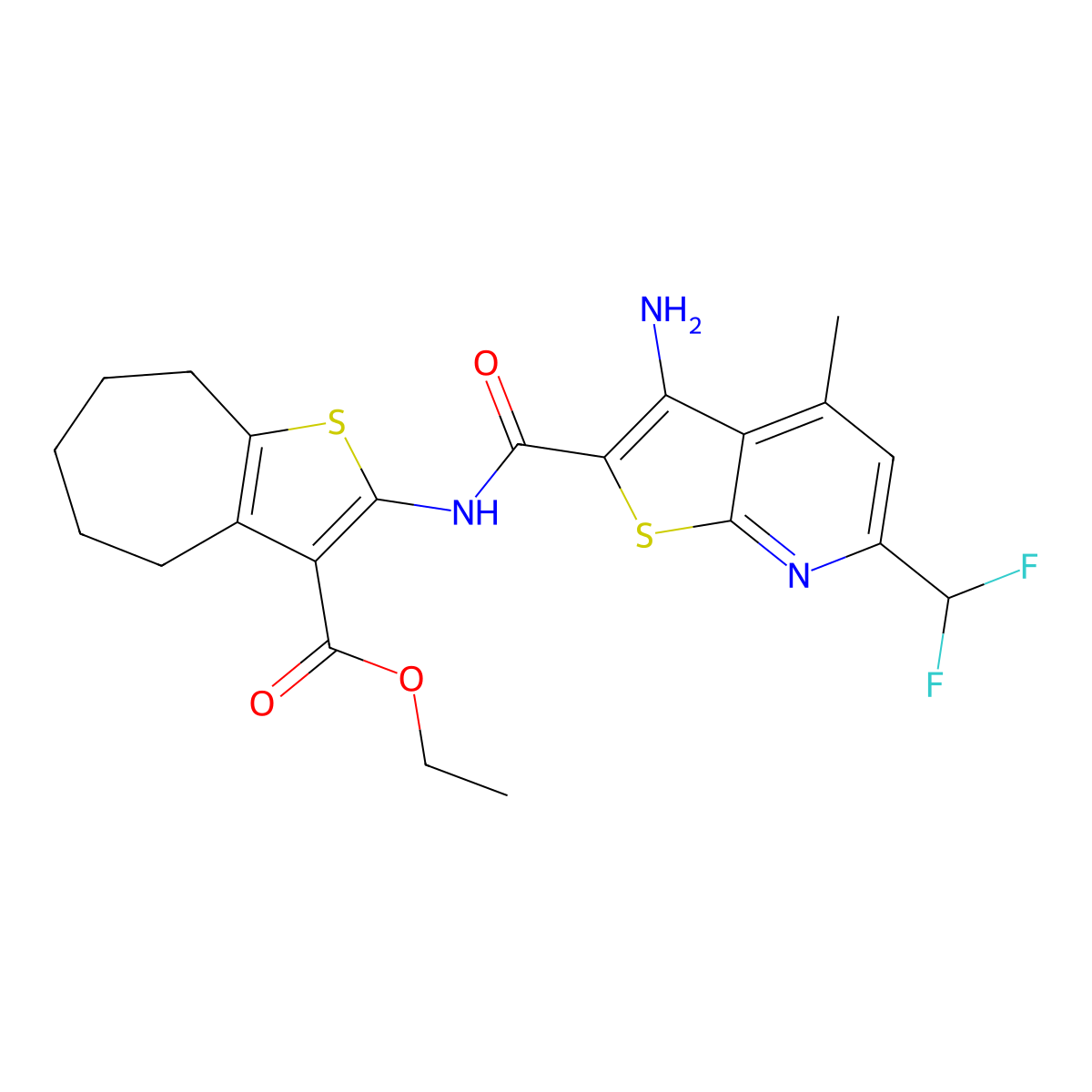 ethyl 2-({[3-amino-6-(difluoromethyl)-4-methylthieno[2,3-b]pyridin-2-yl]carbonyl}amino)-5,6,7,8-tetrahydro-4H-cyclohepta[b]thiophene-3-carboxylate molecular structure, CAS 444923-65-3