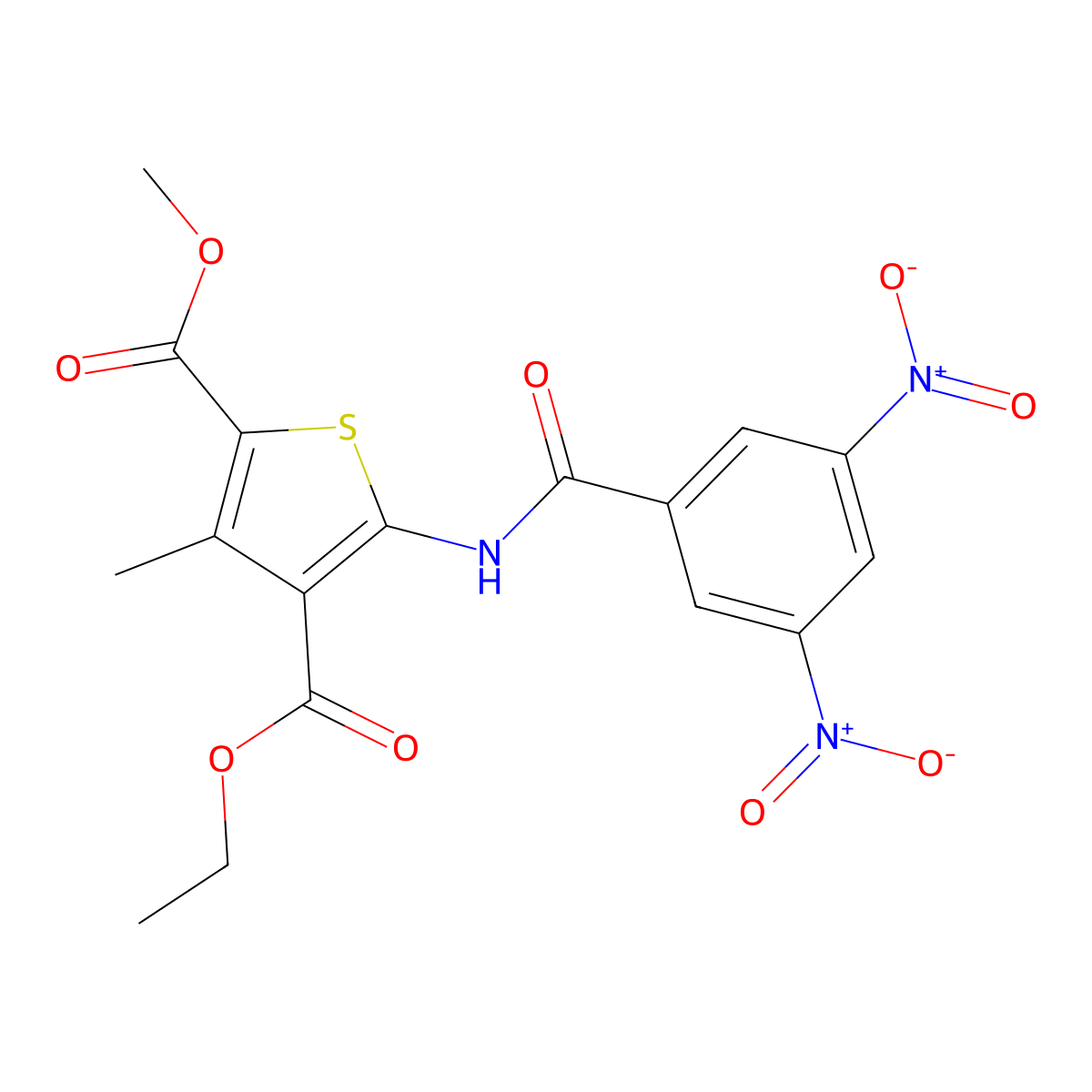4-Ethyl 2-methyl 5-({3,5-dinitrobenzoyl}amino)-3-methyl-2,4-thiophenedicarboxylate molecular structure, CAS 444923-99-3