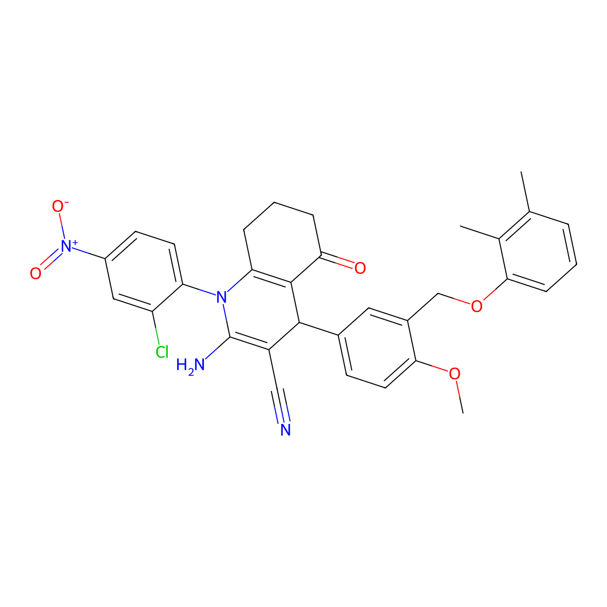 2-Amino-1-(2-chloro-4-nitrophenyl)-4-[3-[(2,3-dimethylphenoxy)methyl]-4-methoxyphenyl]-5-oxo-4,6,7,8-tetrahydroquinoline-3-carbonitrile molecular structure, CAS 444924-15-6