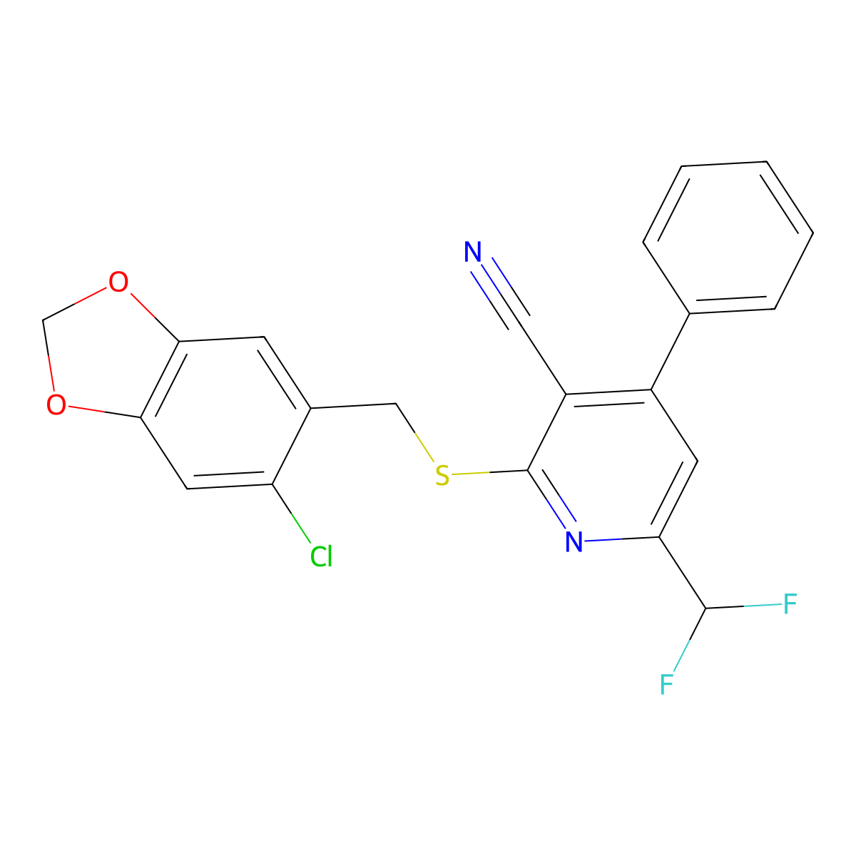 2-[(6-Chloro-1,3-benzodioxol-5-yl)methylsulfanyl]-6-(difluoromethyl)-4-phenylpyridine-3-carbonitrile molecular structure, CAS 444924-33-8