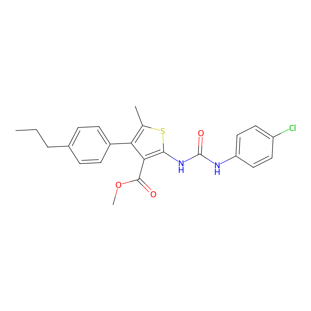Methyl 2-{[(4-chloroanilino)carbonyl]amino}-5-methyl-4-(4-propylphenyl)-3-thiophenecarboxylate molecular structure, CAS 444924-37-2