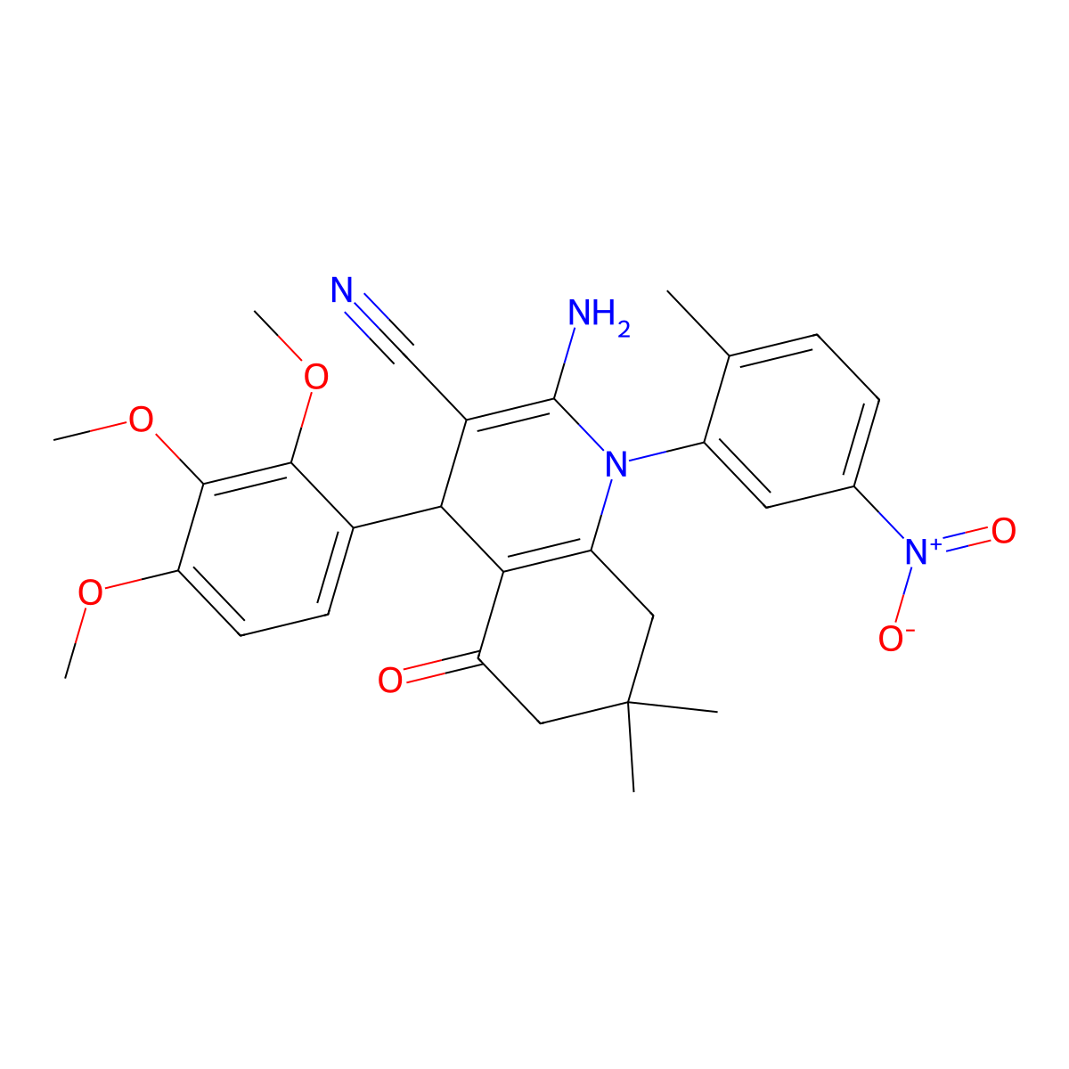 2-amino-7,7-dimethyl-1-(2-methyl-5-nitrophenyl)-5-oxo-4-(2,3,4-trimethoxyphenyl)-6,8-dihydro-4H-quinoline-3-carbonitrile molecular structure, CAS 444924-47-4