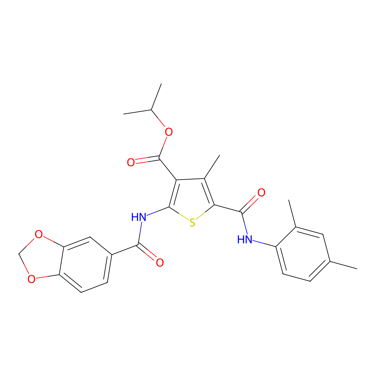 Isopropyl 2-[(1,3-benzodioxol-5-ylcarbonyl)amino]-5-[(2,4-dimethylanilino)carbonyl]-4-methyl-3-thiophenecarboxylate molecular structure, CAS 444924-54-3