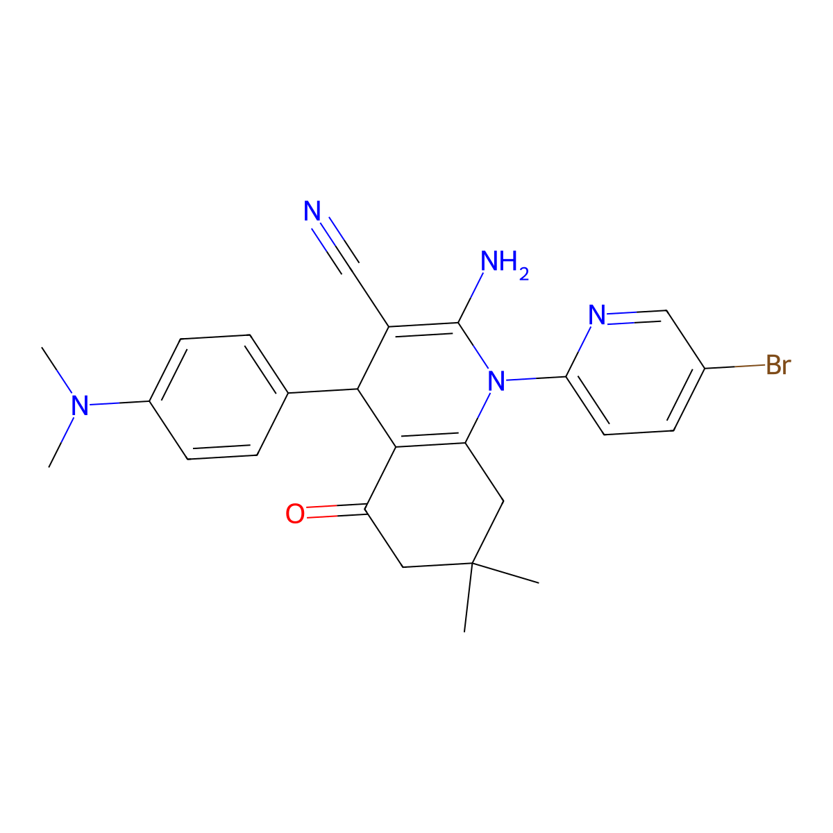 2-Amino-1-(5-bromo-2-pyridinyl)-4-(4-(dimethylamino)phenyl)-7,7-dimethyl-5-oxo-1,4,5,6,7,8-hexahydro-3-quinolinecarbonitrile molecular structure, CAS 444924-63-4