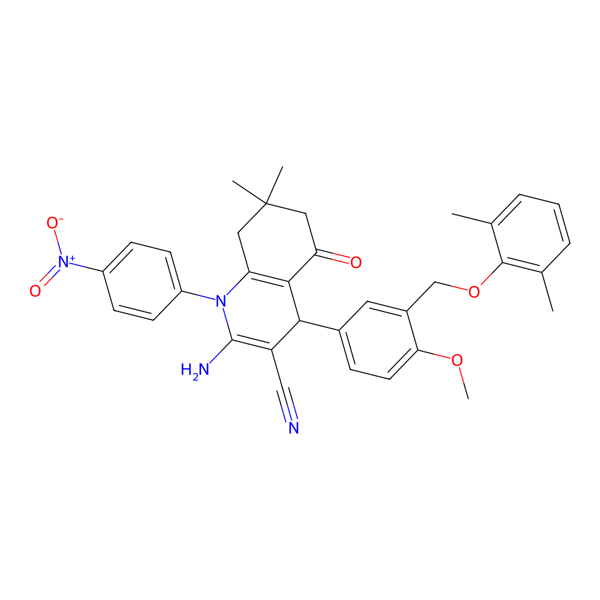 2-amino-4-[3-[(2,6-dimethylphenoxy)methyl]-4-methoxyphenyl]-7,7-dimethyl-1-(4-nitrophenyl)-5-oxo-6,8-dihydro-4H-quinoline-3-carbonitrile molecular structure, CAS 444924-80-5