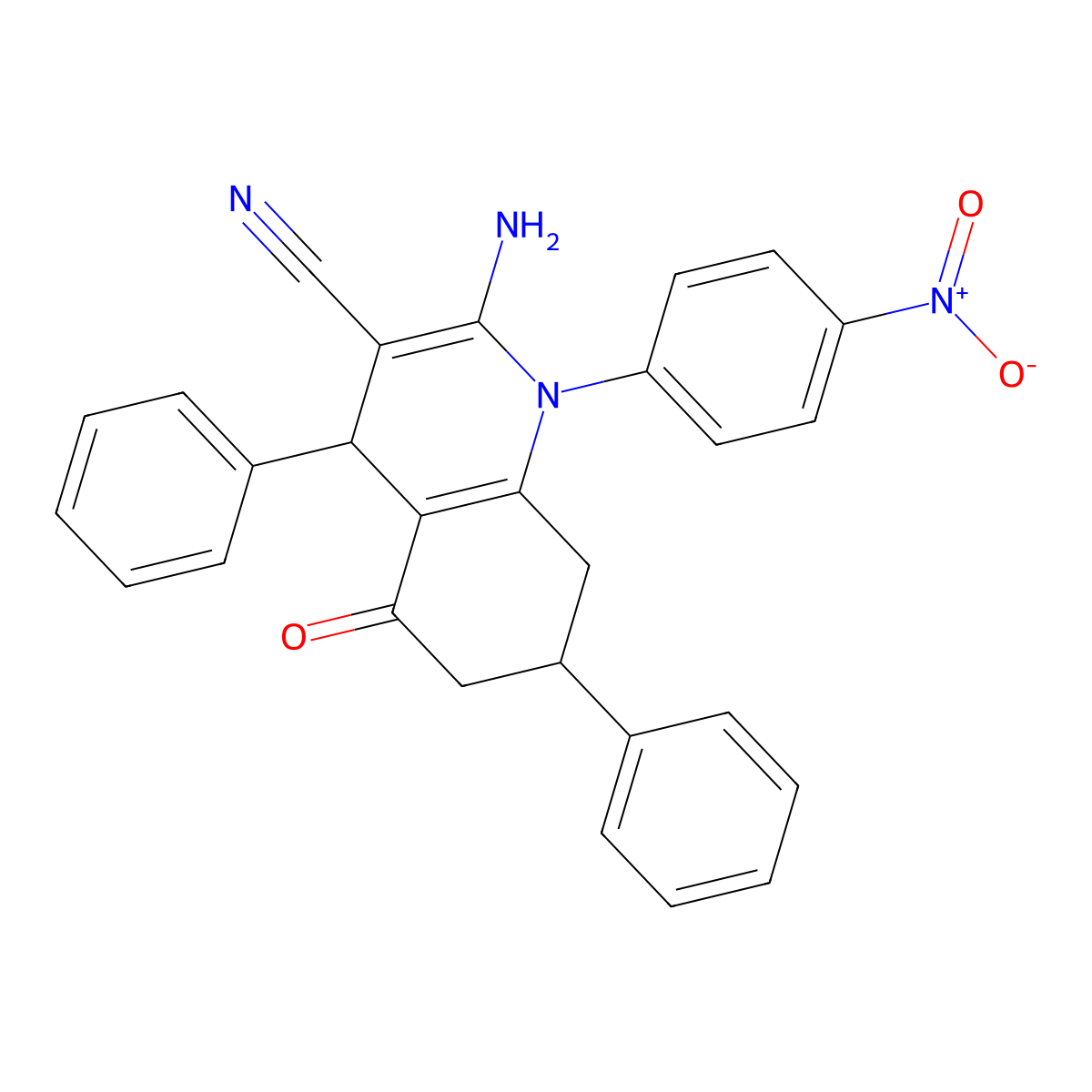 2-Amino-1-(4-nitrophenyl)-5-oxo-4,7-diphenyl-1,4,5,6,7,8-hexahydro-3-quinolinecarbonitrile molecular structure, CAS 444924-89-4