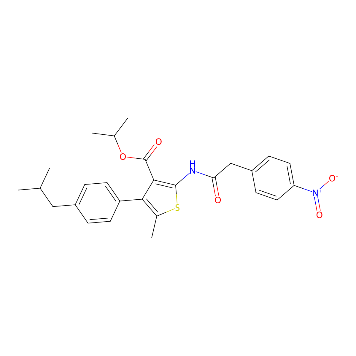 Isopropyl 2-[({4-nitrophenyl}acetyl)amino]-4-(4-isobutylphenyl)-5-methyl-3-thiophenecarboxylate molecular structure, CAS 444924-92-9