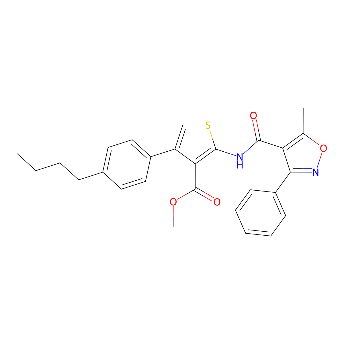 Methyl 4-(4-butylphenyl)-2-{[(5-methyl-3-phenyl-4-isoxazolyl)carbonyl]amino}-3-thiophenecarboxylate molecular structure, CAS 444925-22-8