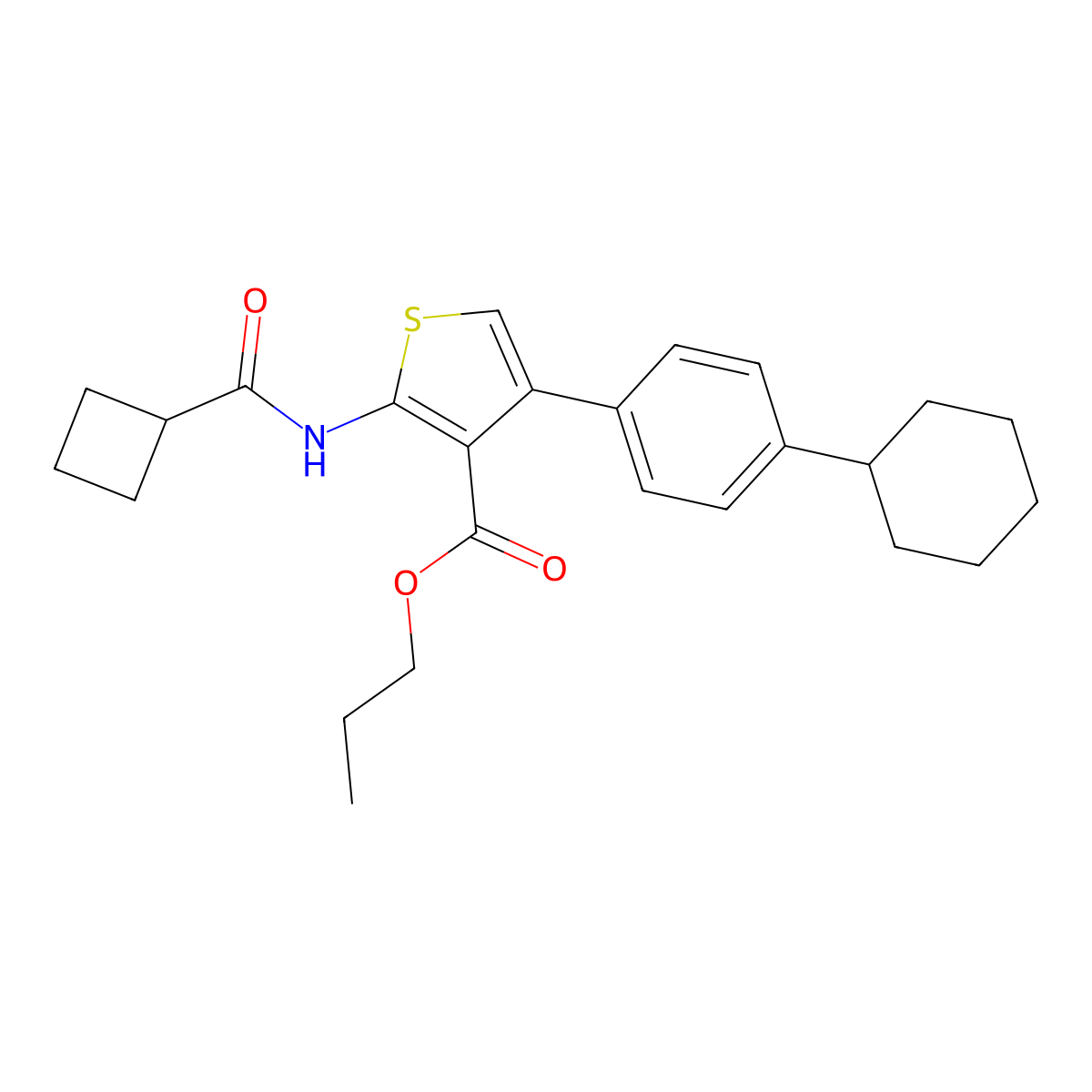 Propyl 2-(cyclobutanecarbonylamino)-4-(4-cyclohexylphenyl)thiophene-3-carboxylate molecular structure, CAS 444925-54-6