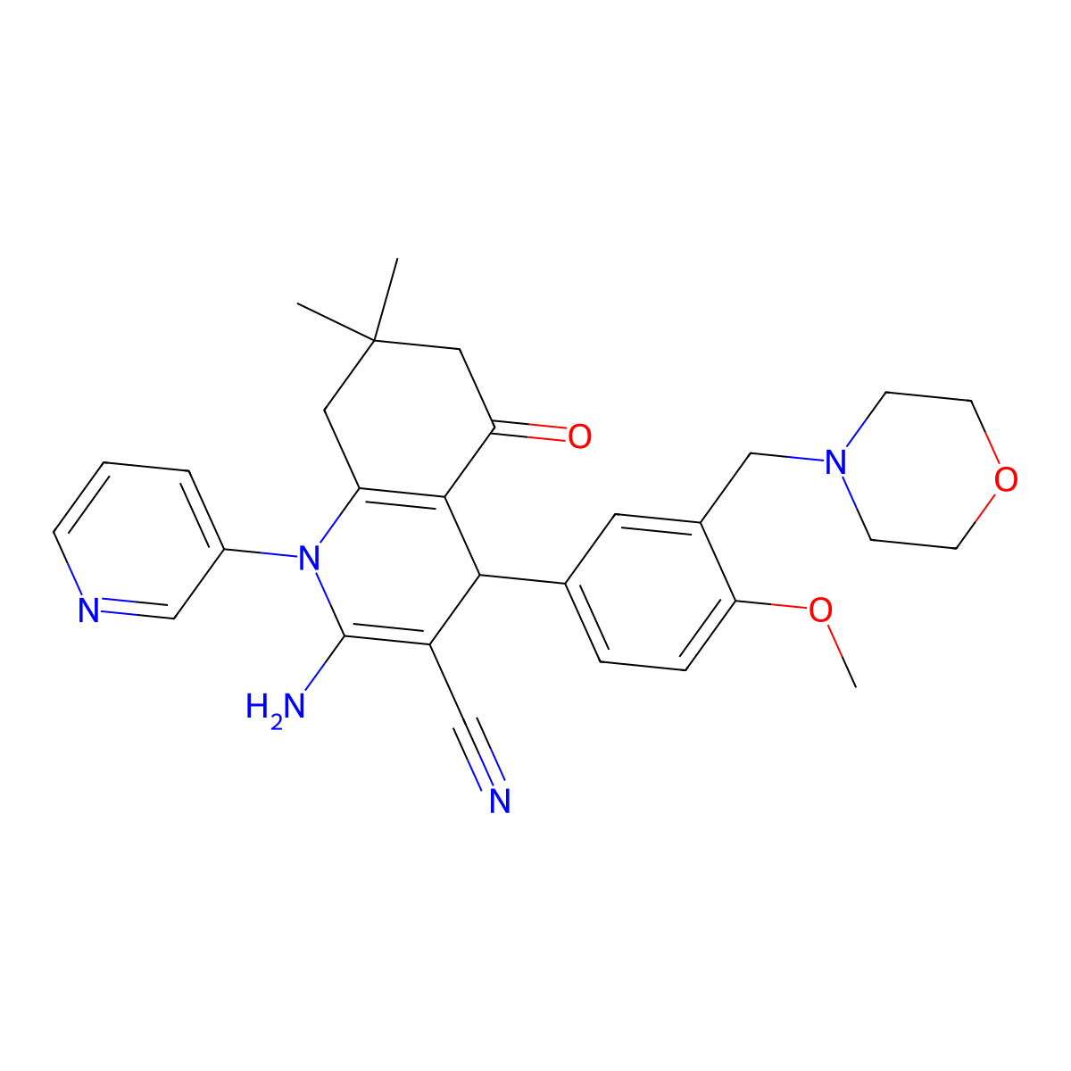 2-amino-4-[4-methoxy-3-(morpholin-4-ylmethyl)phenyl]-7,7-dimethyl-5-oxo-1-pyridin-3-yl-6,8-dihydro-4H-quinoline-3-carbonitrile molecular structure, CAS 444925-59-1