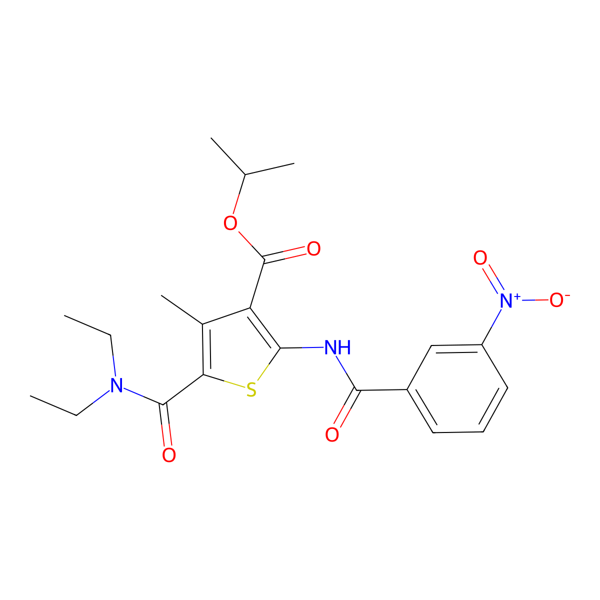 Isopropyl 5-[(diethylamino)carbonyl]-2-({3-nitrobenzoyl}amino)-4-methyl-3-thiophenecarboxylate molecular structure, CAS 444925-67-1