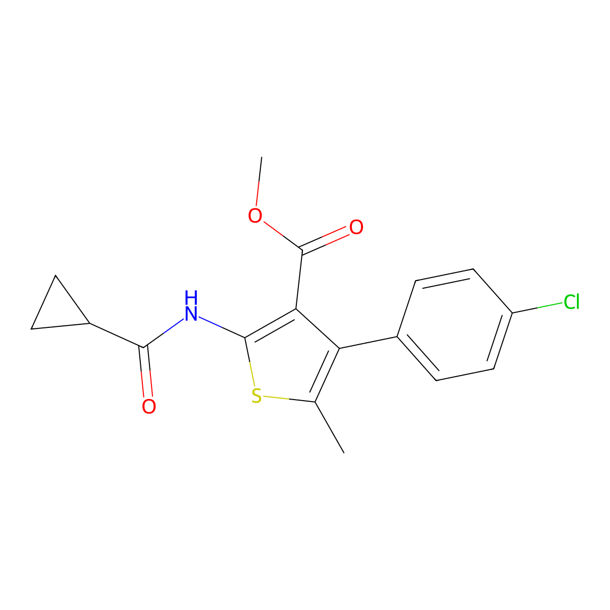 Methyl 4-(4-chlorophenyl)-2-(cyclopropanecarbonylamino)-5-methylthiophene-3-carboxylate molecular structure, CAS 444925-68-2