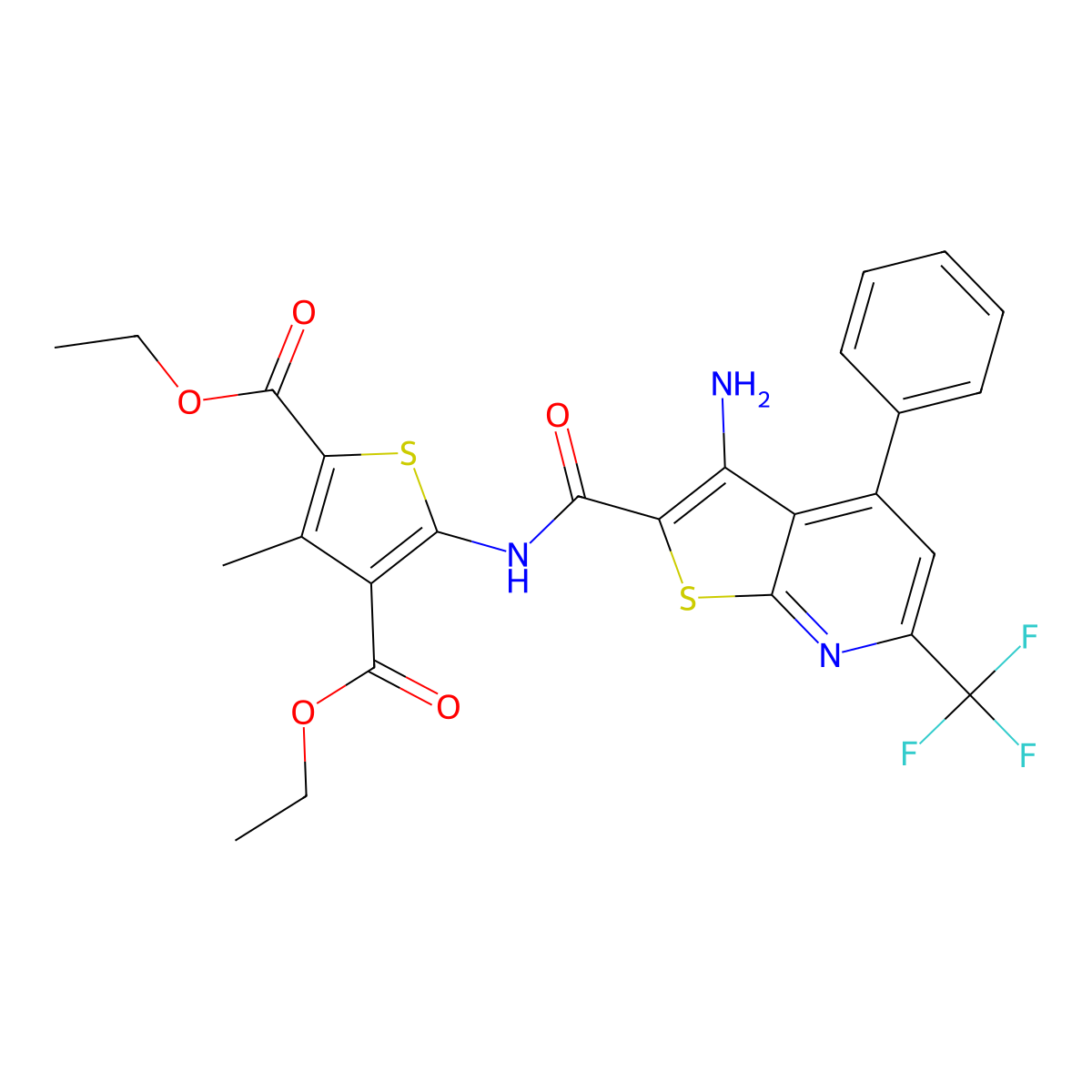 Diethyl 5-({[3-amino-4-phenyl-6-(trifluoromethyl)thieno[2,3-b]pyridin-2-yl]carbonyl}amino)-3-methylthiophene-2,4-dicarboxylate molecular structure, CAS 444925-74-0