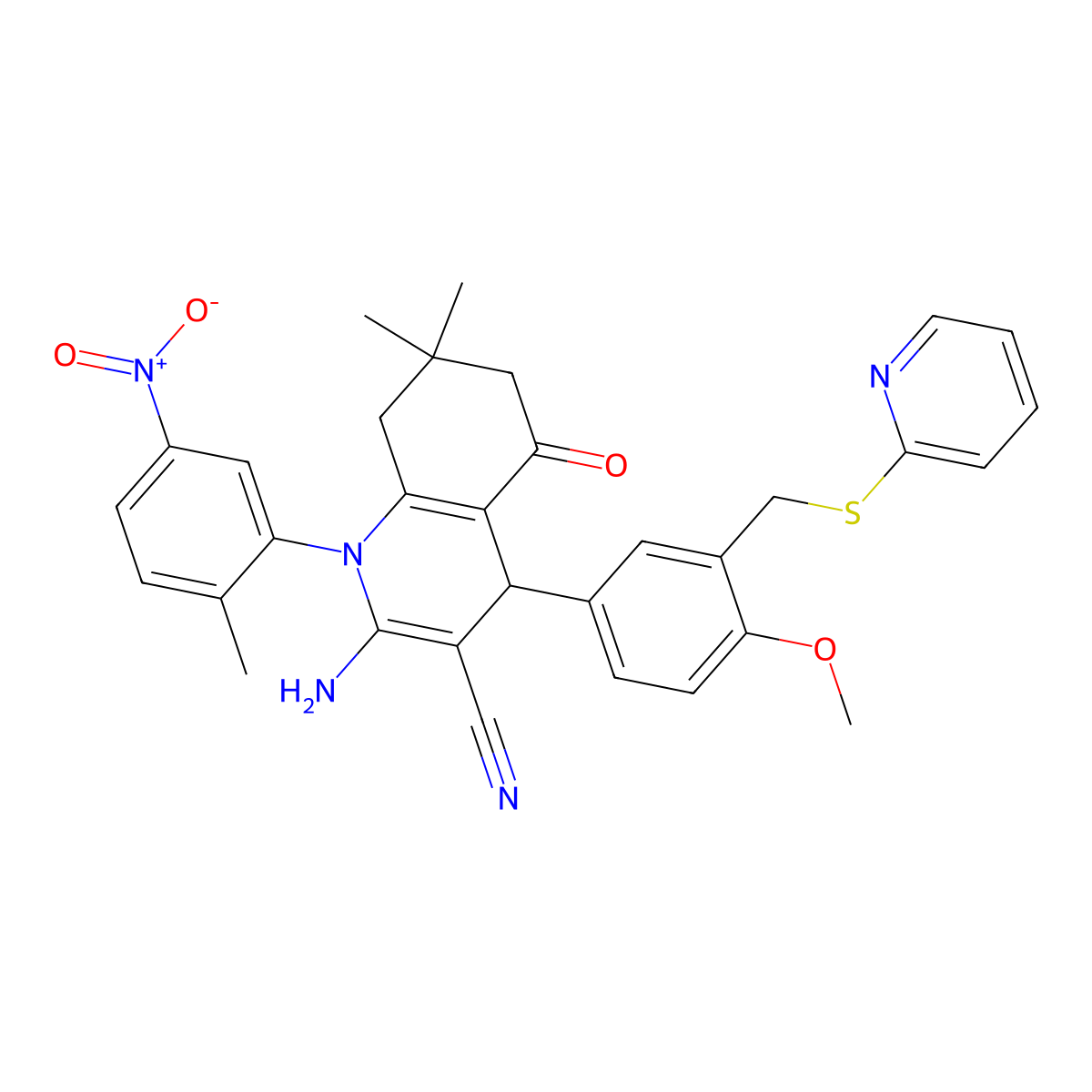 2-amino-4-[4-methoxy-3-(pyridin-2-ylsulfanylmethyl)phenyl]-7,7-dimethyl-1-(2-methyl-5-nitrophenyl)-5-oxo-6,8-dihydro-4H-quinoline-3-carbonitrile molecular structure, CAS 444925-77-3