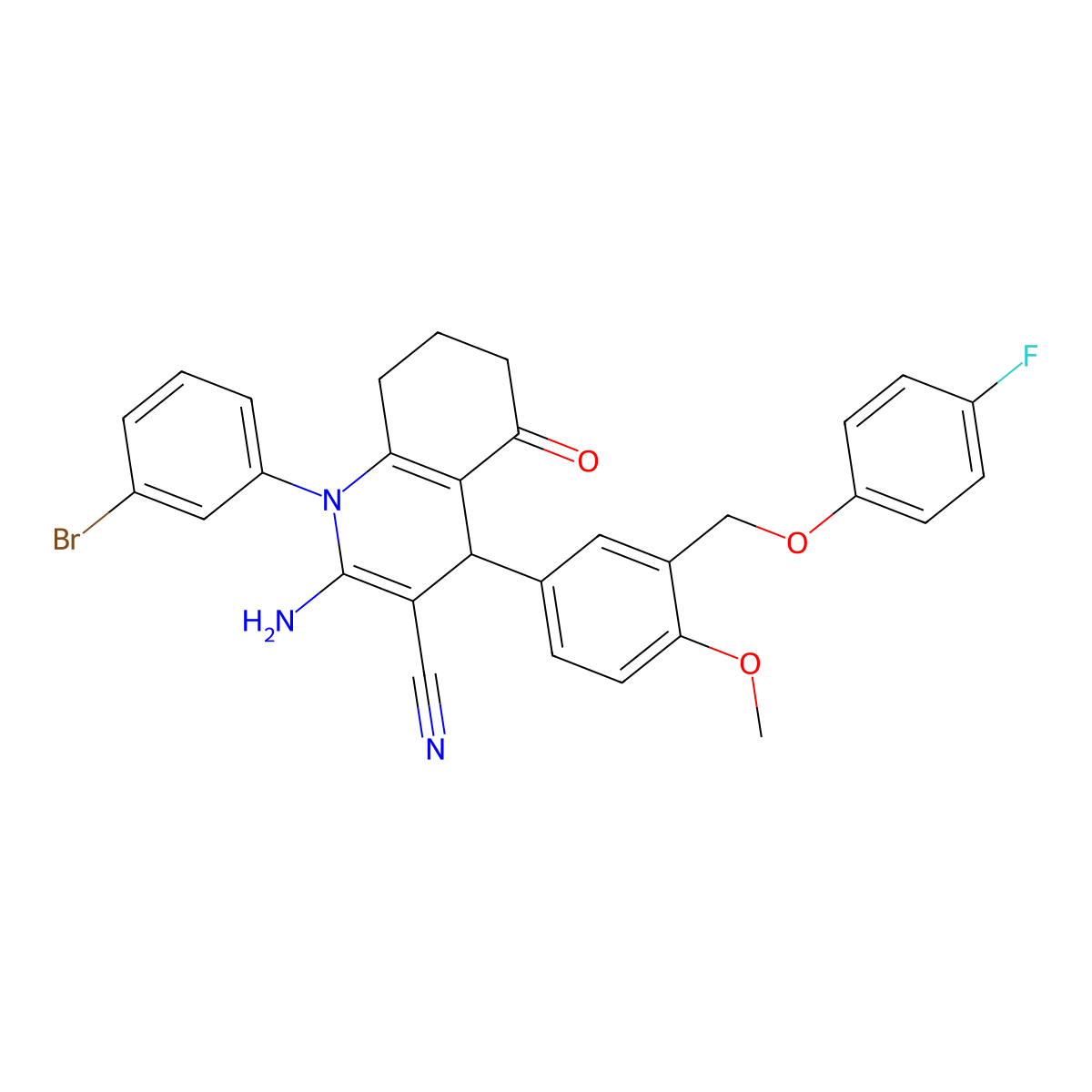 2-Amino-1-(3-bromophenyl)-4-[3-[(4-fluorophenoxy)methyl]-4-methoxyphenyl]-5-oxo-4,6,7,8-tetrahydroquinoline-3-carbonitrile molecular structure, CAS 444926-15-2
