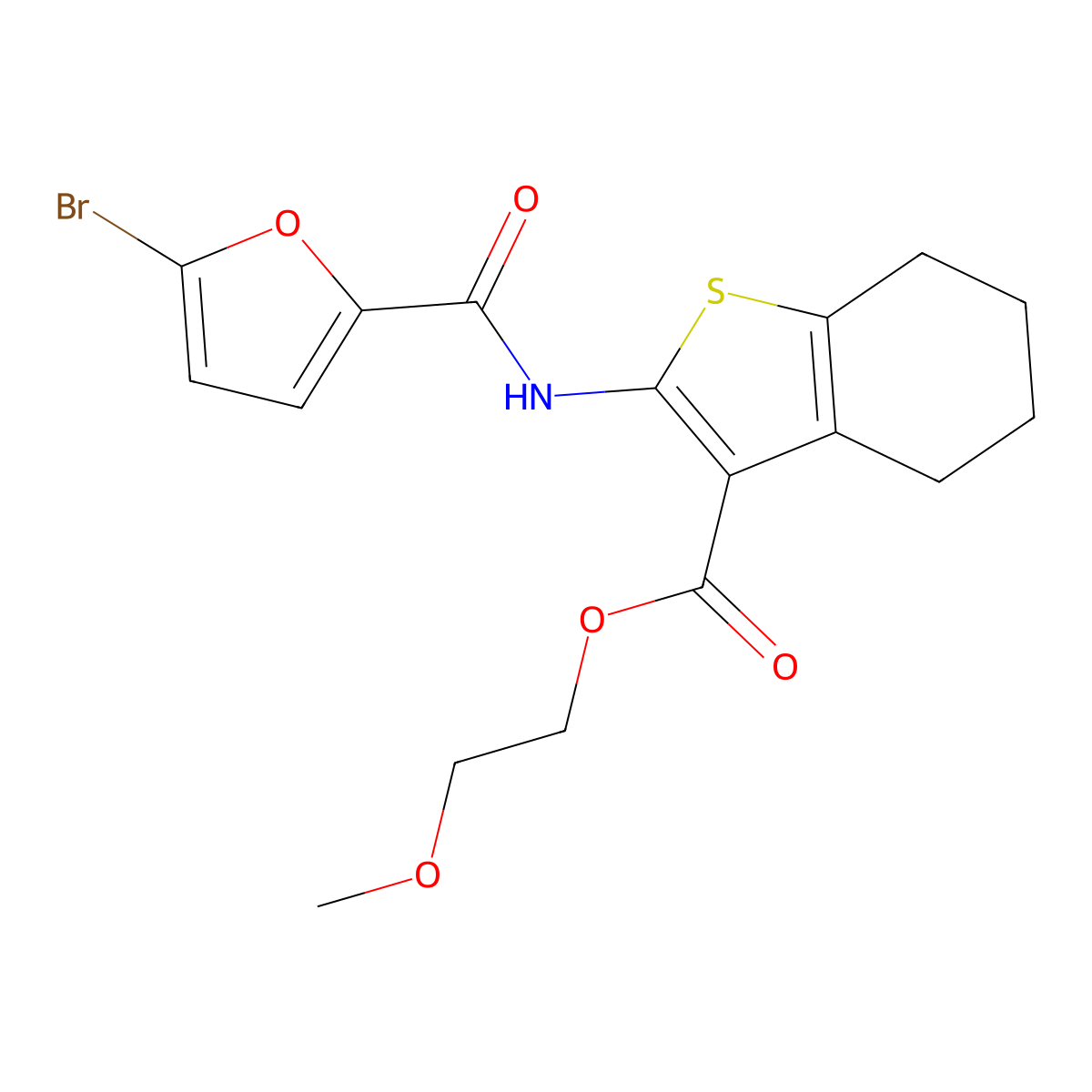 2-Methoxyethyl 2-[(5-bromofuran-2-carbonyl)amino]-4,5,6,7-tetrahydro-1-benzothiophene-3-carboxylate molecular structure, CAS 444926-16-3