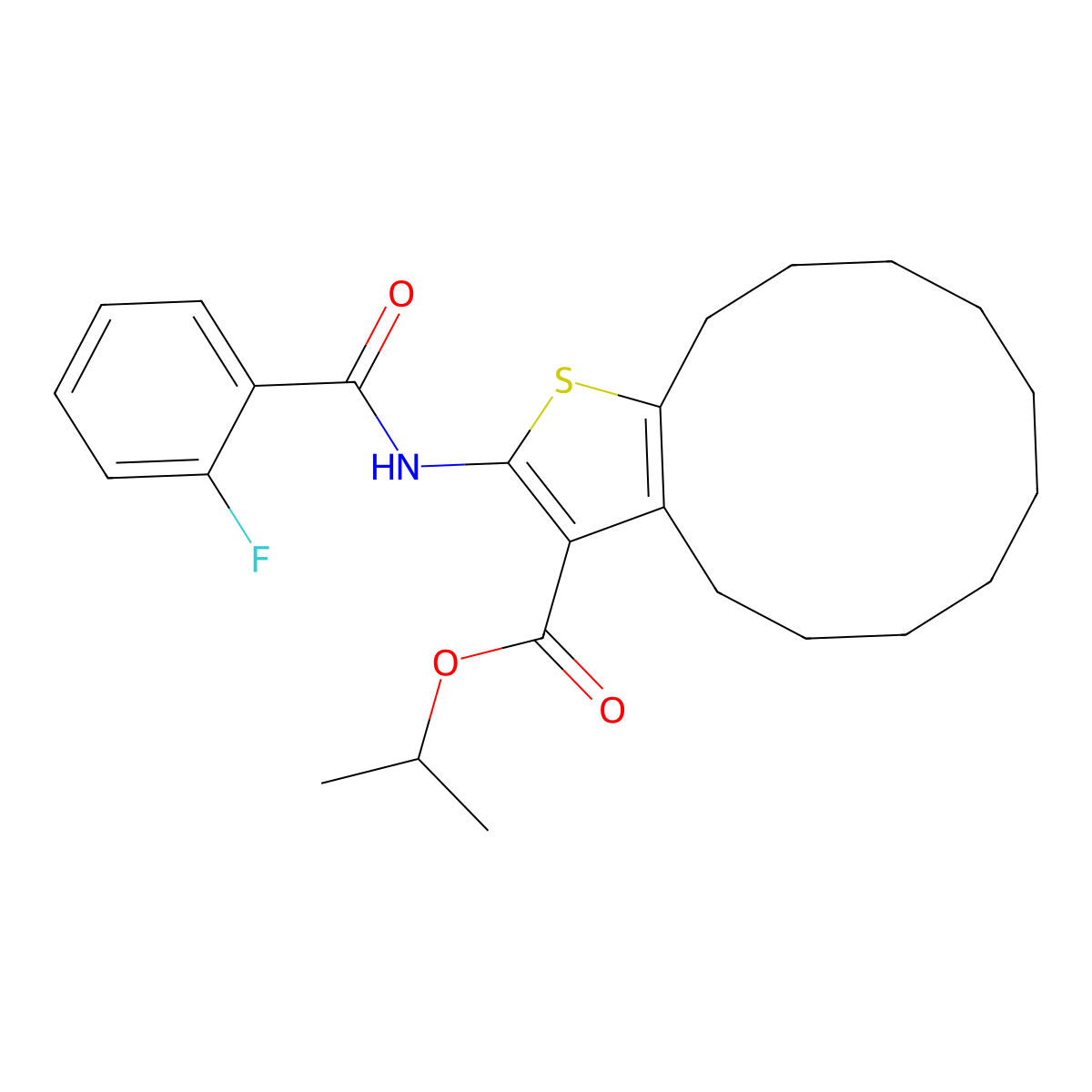 Isopropyl 2-[(2-fluorobenzoyl)amino]-4,5,6,7,8,9,10,11,12,13-decahydrocyclododeca[b]thiophene-3-carboxylate molecular structure, CAS 444926-20-9