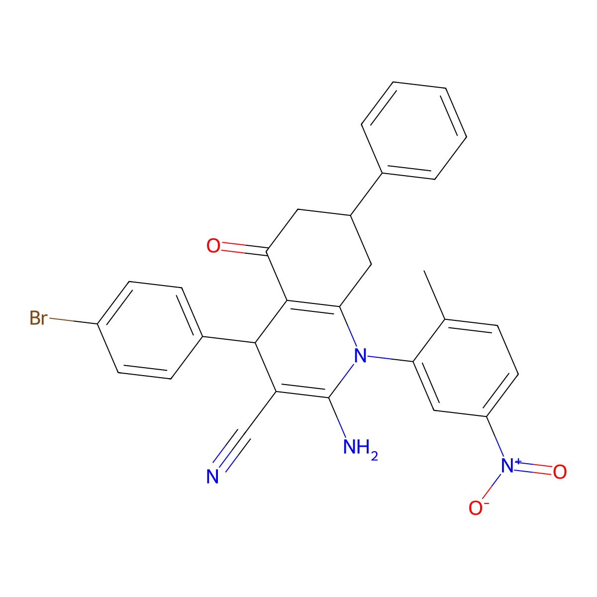 2-Amino-4-(4-bromophenyl)-1-(2-methyl-5-nitrophenyl)-5-oxo-7-phenyl-1,4,5,6,7,8-hexahydro-3-quinolinecarbonitrile molecular structure, CAS 444926-33-4