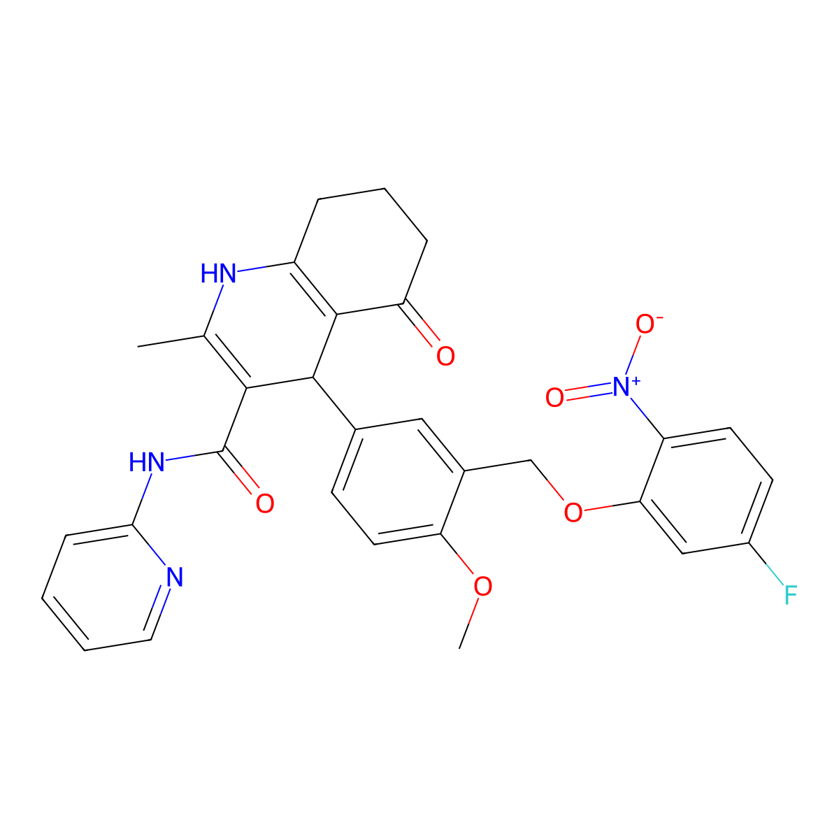 4-[3-[(5-fluoro-2-nitrophenoxy)methyl]-4-methoxyphenyl]-2-methyl-5-oxo-N-pyridin-2-yl-4,6,7,8-tetrahydro-1H-quinoline-3-carboxamide molecular structure, CAS 444926-80-1