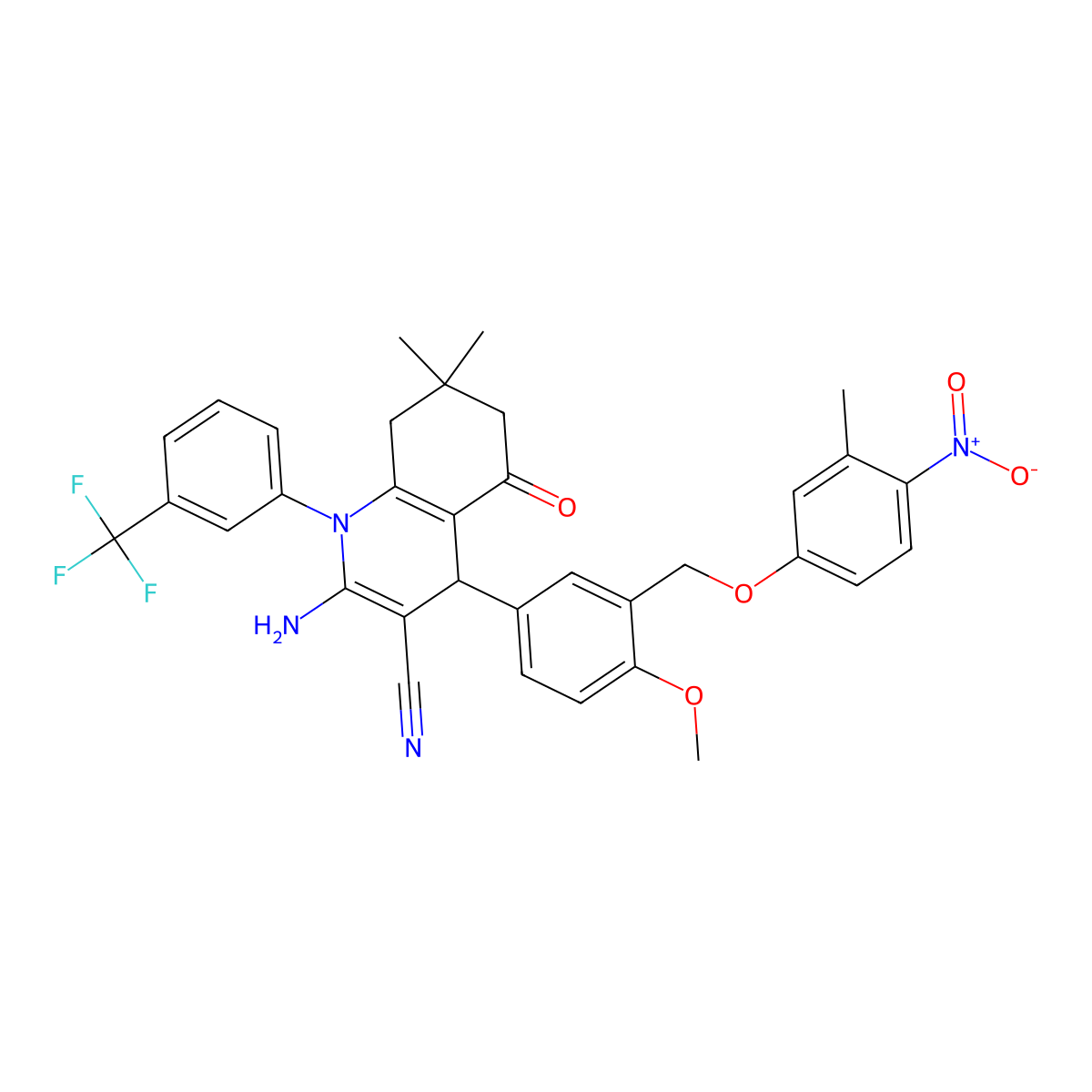 2-amino-4-[4-methoxy-3-[(3-methyl-4-nitrophenoxy)methyl]phenyl]-7,7-dimethyl-5-oxo-1-[3-(trifluoromethyl)phenyl]-6,8-dihydro-4H-quinoline-3-carbonitrile molecular structure, CAS 444926-98-1