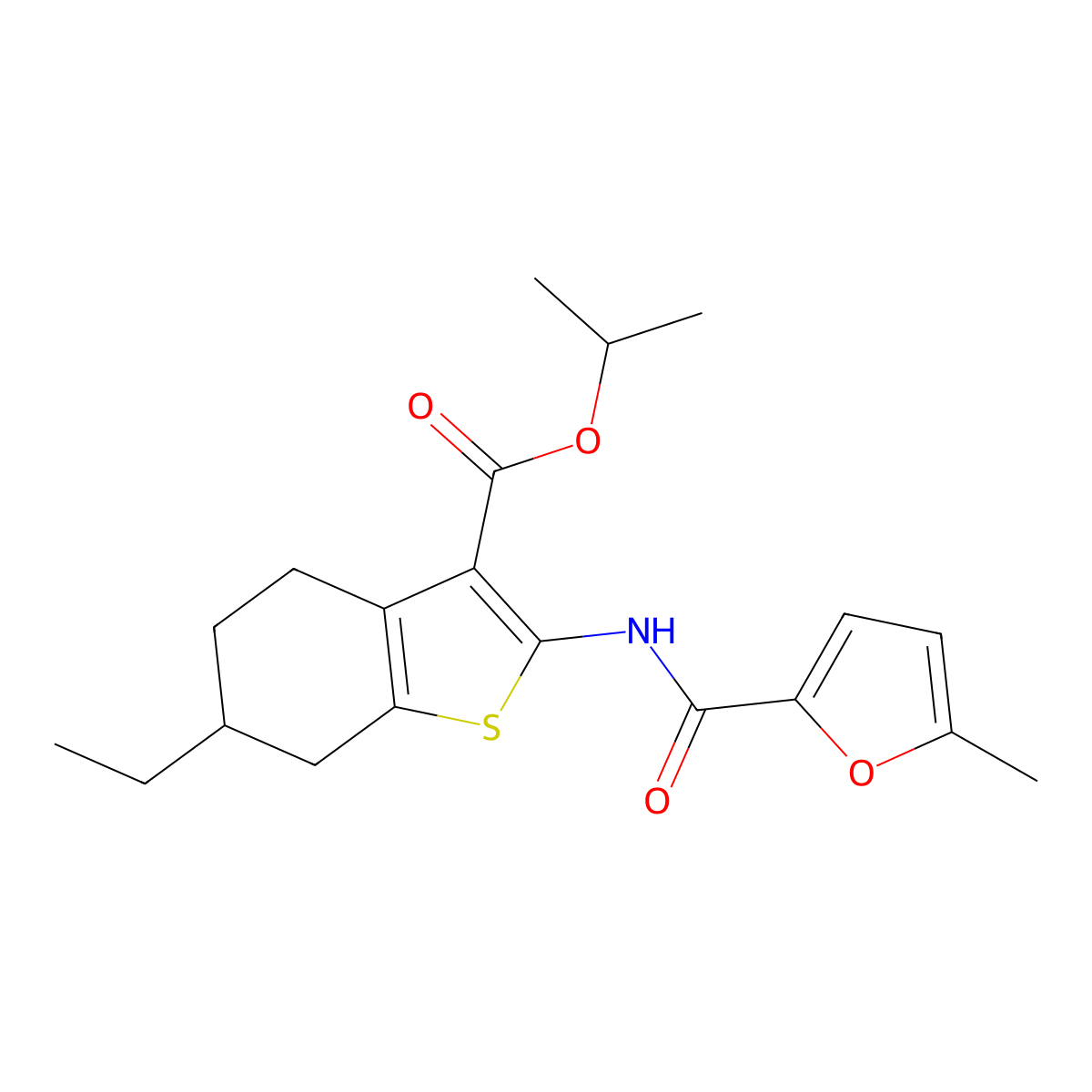 Isopropyl 6-ethyl-2-[(5-methyl-2-furoyl)amino]-4,5,6,7-tetrahydro-1-benzothiophene-3-carboxylate molecular structure, CAS 444927-05-3