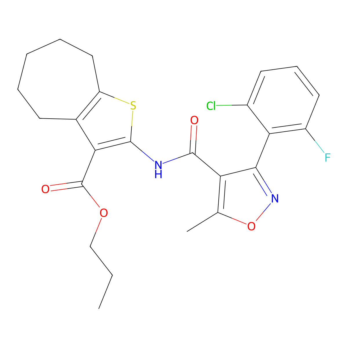 propyl 2-({[3-(2-chloro-6-fluorophenyl)-5-methyl-4-isoxazolyl]carbonyl}amino)-5,6,7,8-tetrahydro-4H-cyclohepta[b]thiophene-3-carboxylate molecular structure, CAS 444927-13-3