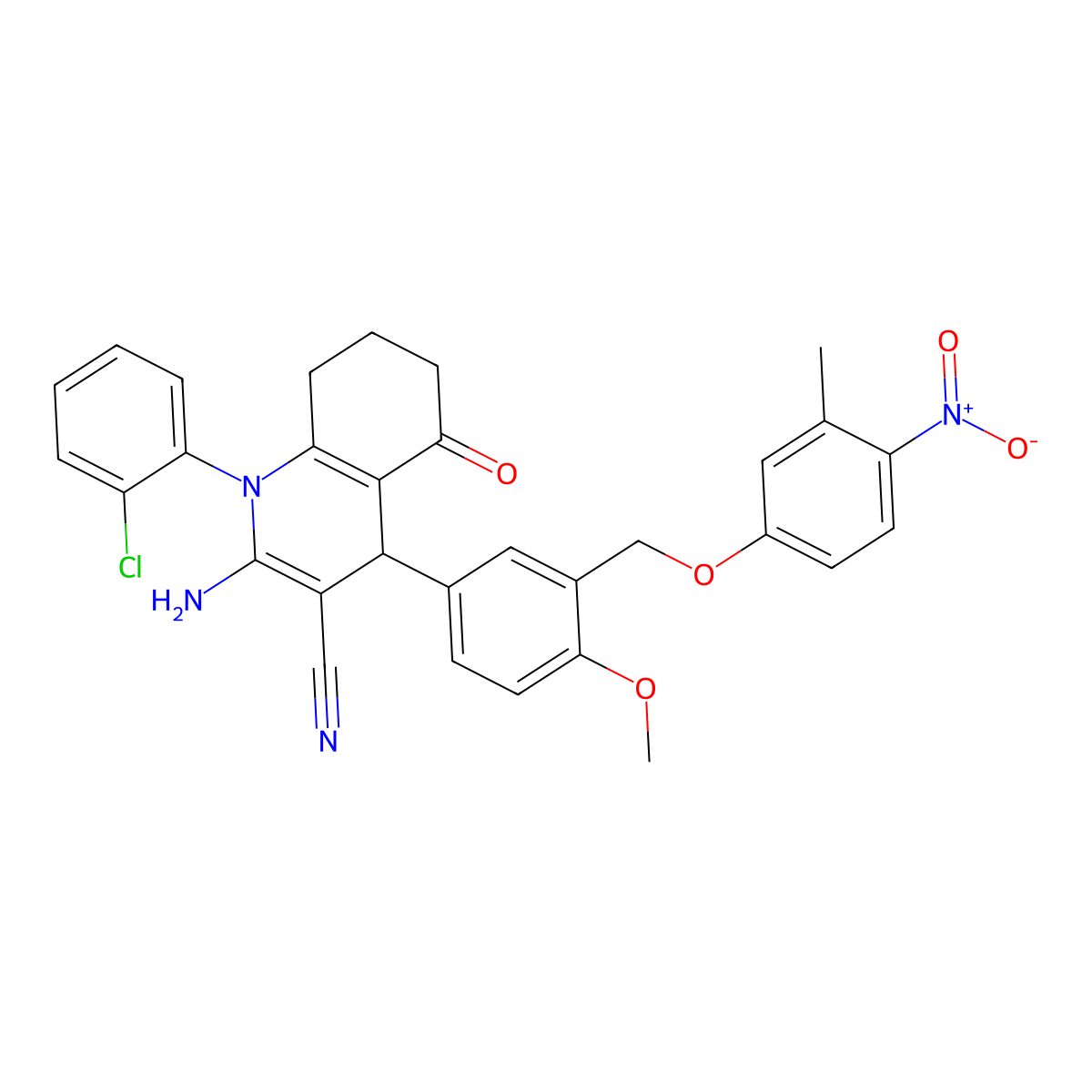 2-Amino-1-(2-chlorophenyl)-4-[4-methoxy-3-[(3-methyl-4-nitrophenoxy)methyl]phenyl]-5-oxo-4,6,7,8-tetrahydroquinoline-3-carbonitrile molecular structure, CAS 444927-19-9