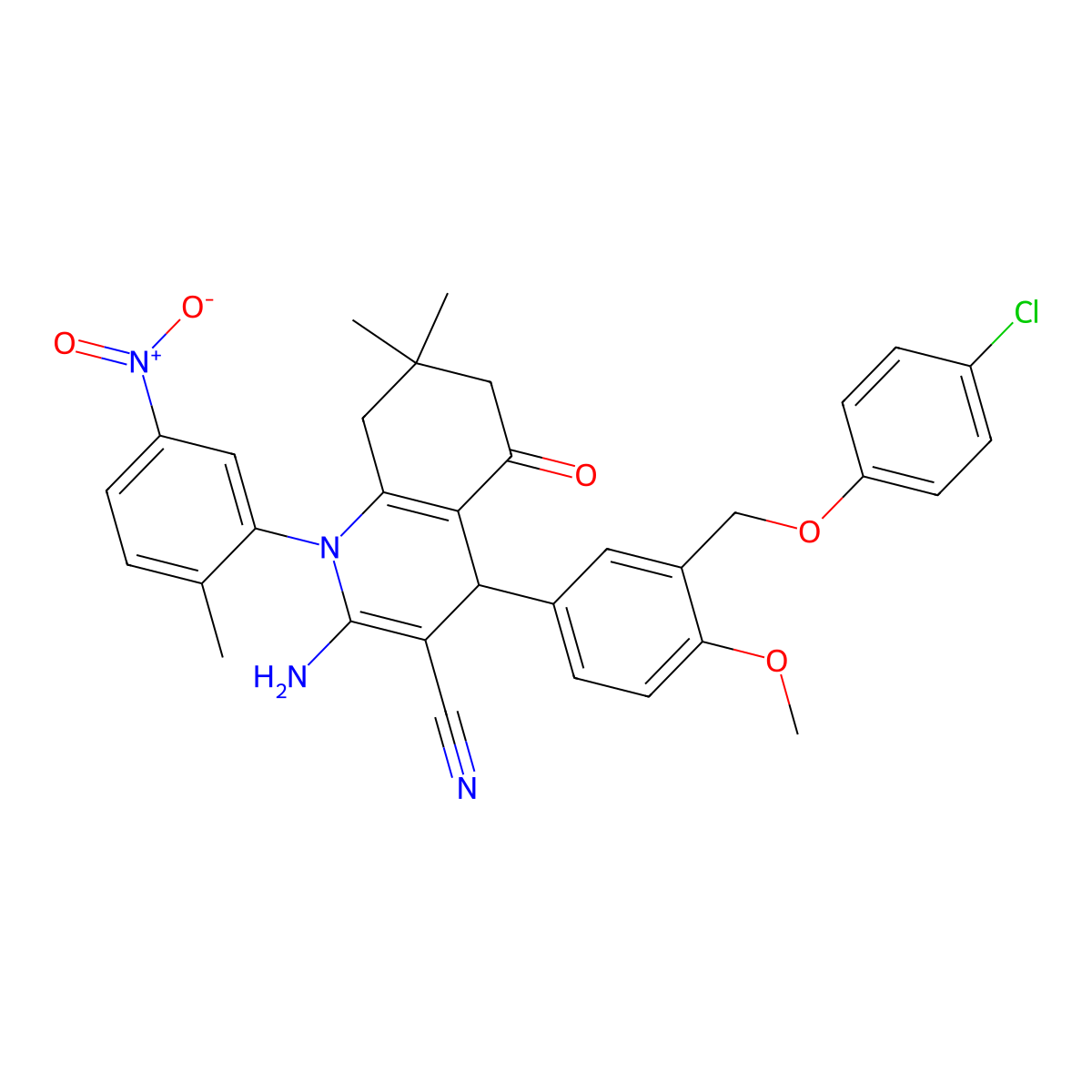 2-amino-4-[3-[(4-chlorophenoxy)methyl]-4-methoxyphenyl]-7,7-dimethyl-1-(2-methyl-5-nitrophenyl)-5-oxo-6,8-dihydro-4H-quinoline-3-carbonitrile molecular structure, CAS 444927-59-7