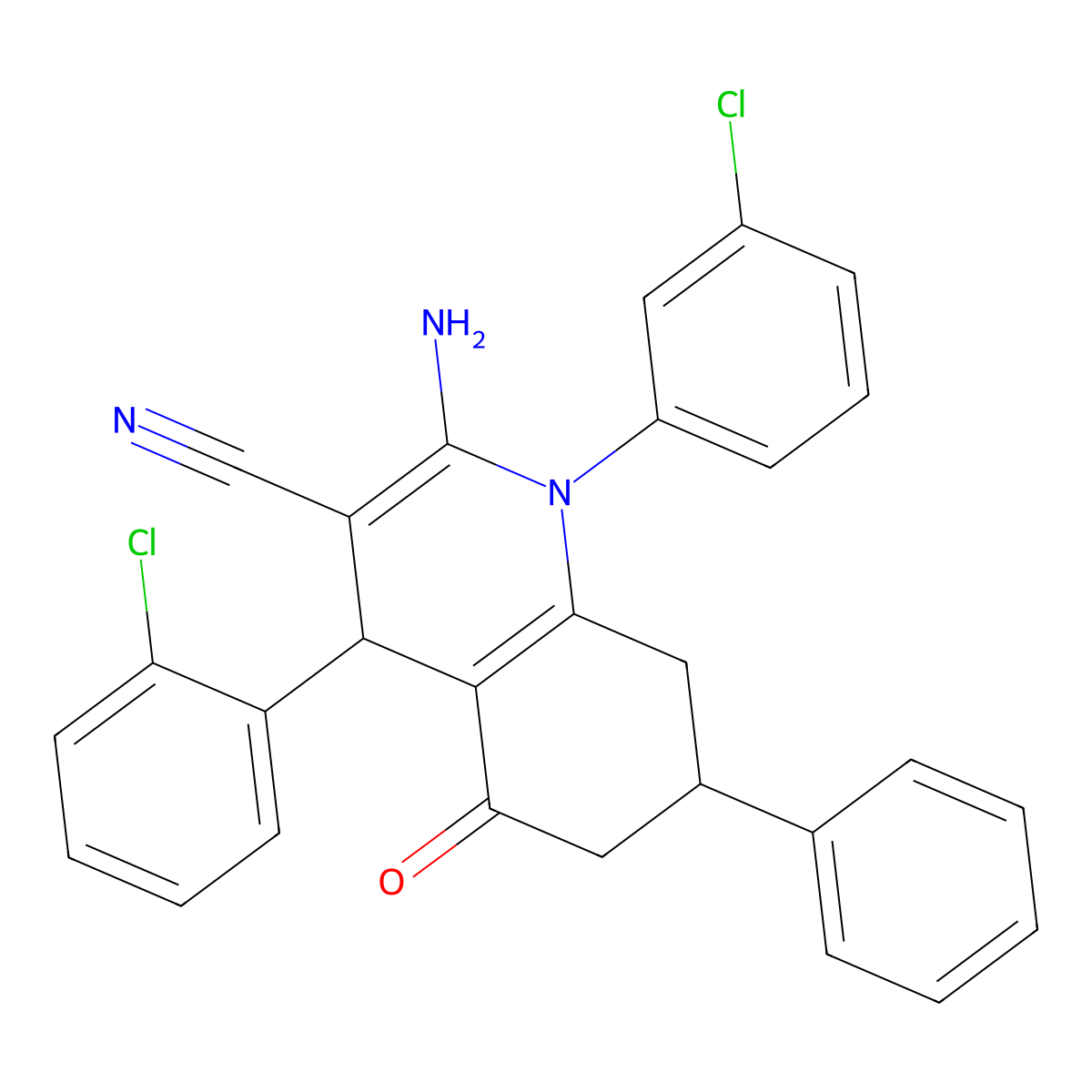 2-Amino-4-(2-chlorophenyl)-1-(3-chlorophenyl)-5-oxo-7-phenyl-1,4,5,6,7,8-hexahydro-3-quinolinecarbonitrile molecular structure, CAS 444927-67-7