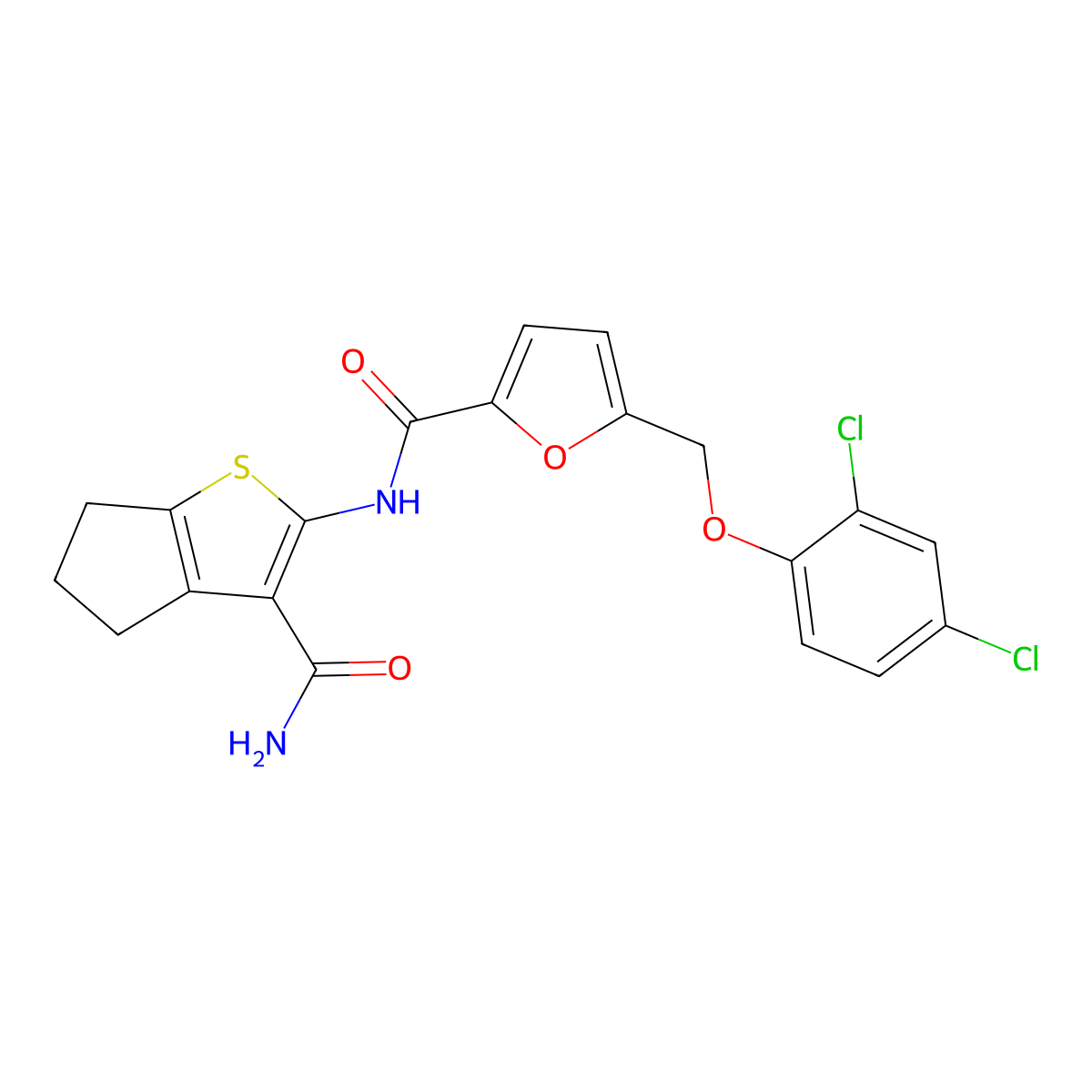 N-(3-carbamoyl-5,6-dihydro-4H-cyclopenta[b]thiophen-2-yl)-5-[(2,4-dichlorophenoxy)methyl]furan-2-carboxamide molecular structure, CAS 444927-86-0
