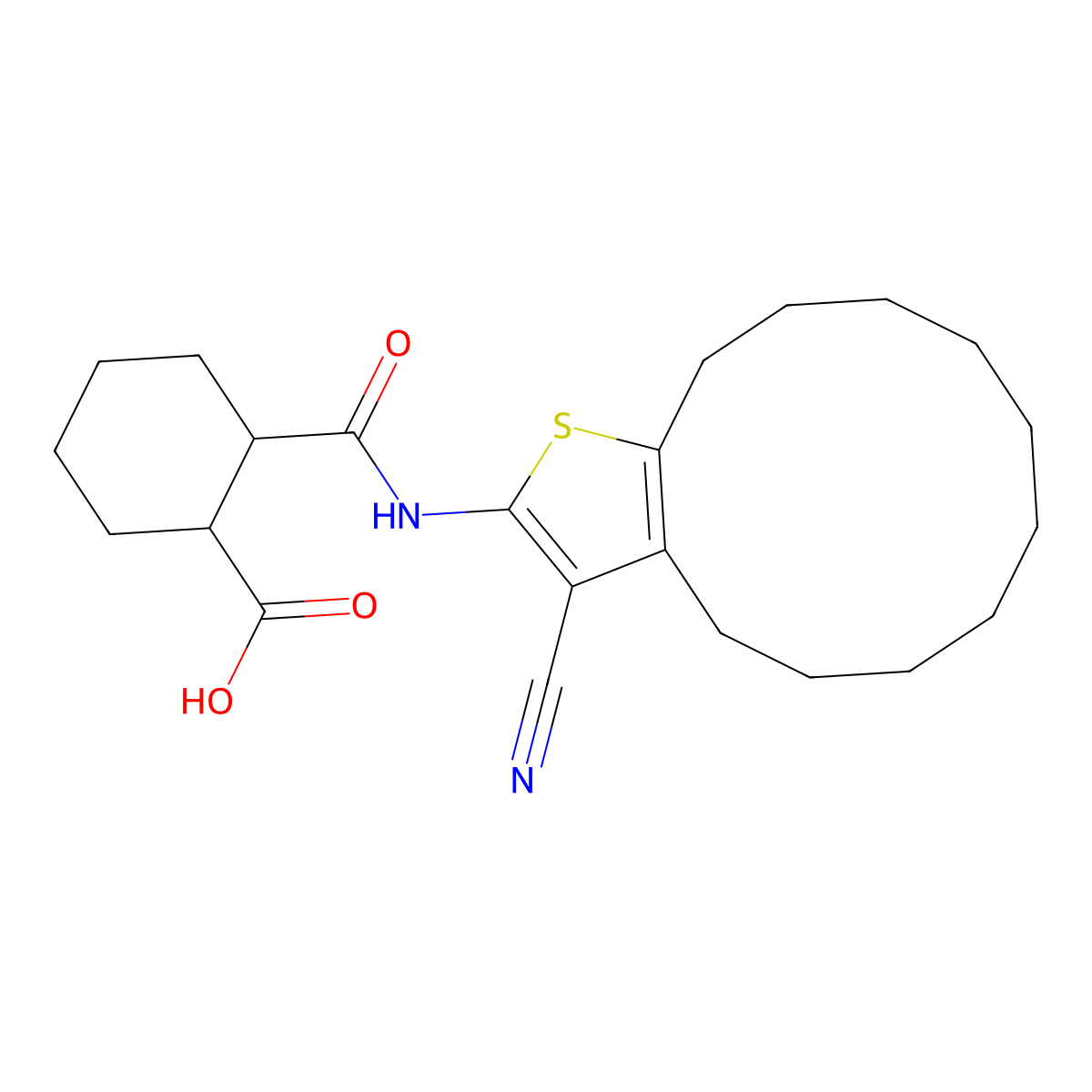 2-[(3-Cyano-4,5,6,7,8,9,10,11,12,13-decahydrocyclododeca[b]thiophen-2-yl)carbamoyl]cyclohexanecarboxylic acid molecular structure, CAS 444927-92-8