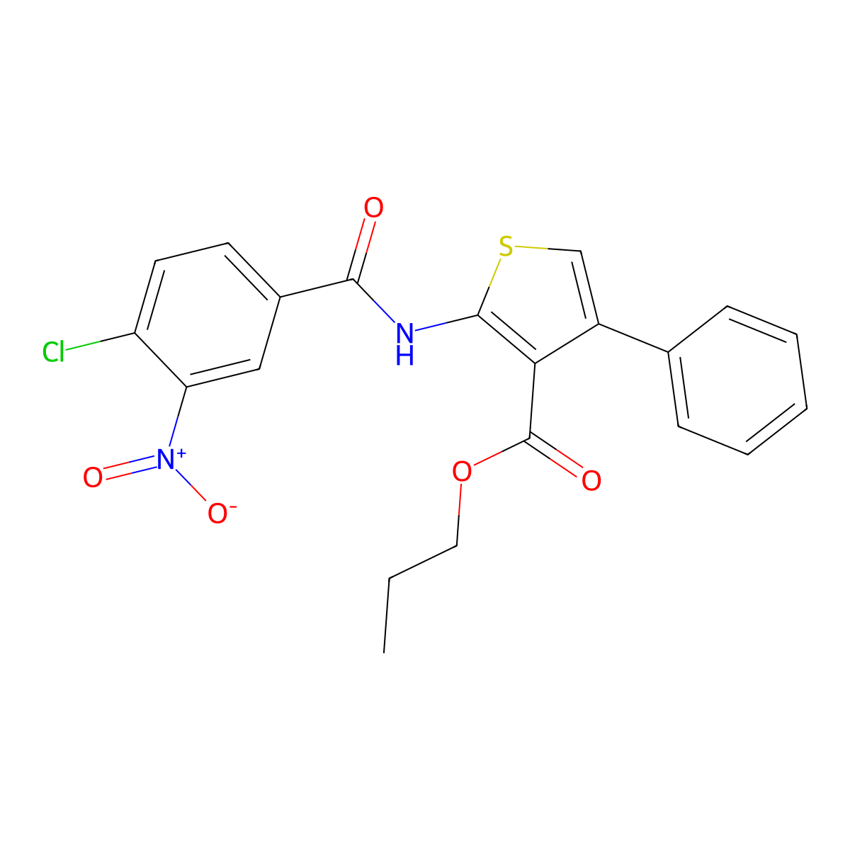 Propyl 2-({4-chloro-3-nitrobenzoyl}amino)-4-phenyl-3-thiophenecarboxylate molecular structure, CAS 444928-02-3