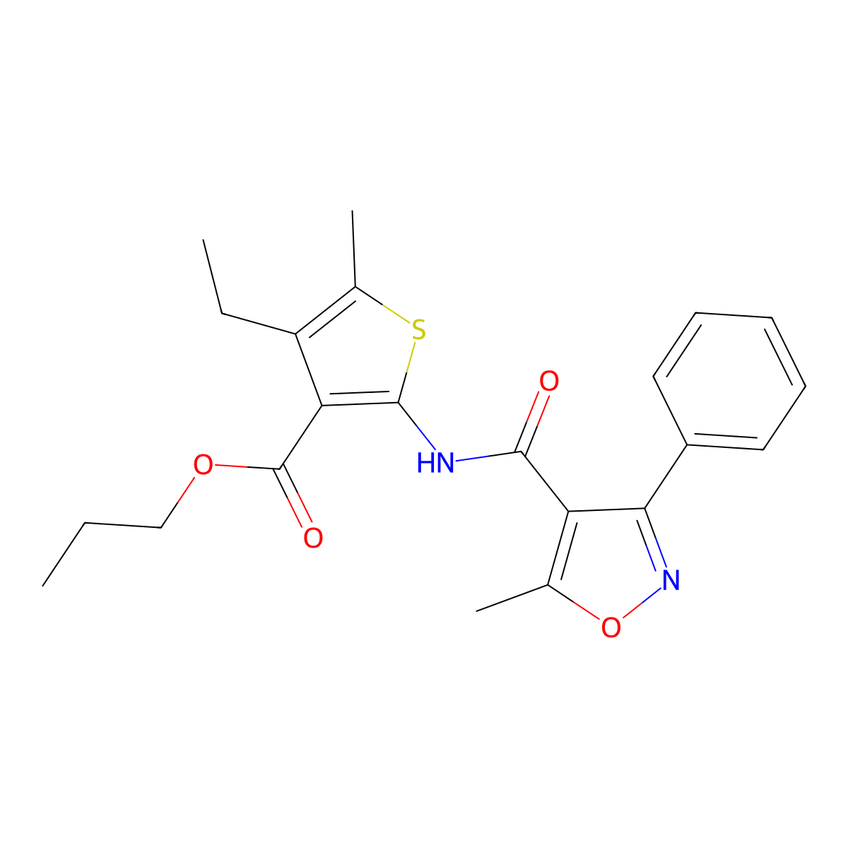 Propyl 4-ethyl-5-methyl-2-{[(5-methyl-3-phenyl-4-isoxazolyl)carbonyl]amino}-3-thiophenecarboxylate molecular structure, CAS 444928-36-3