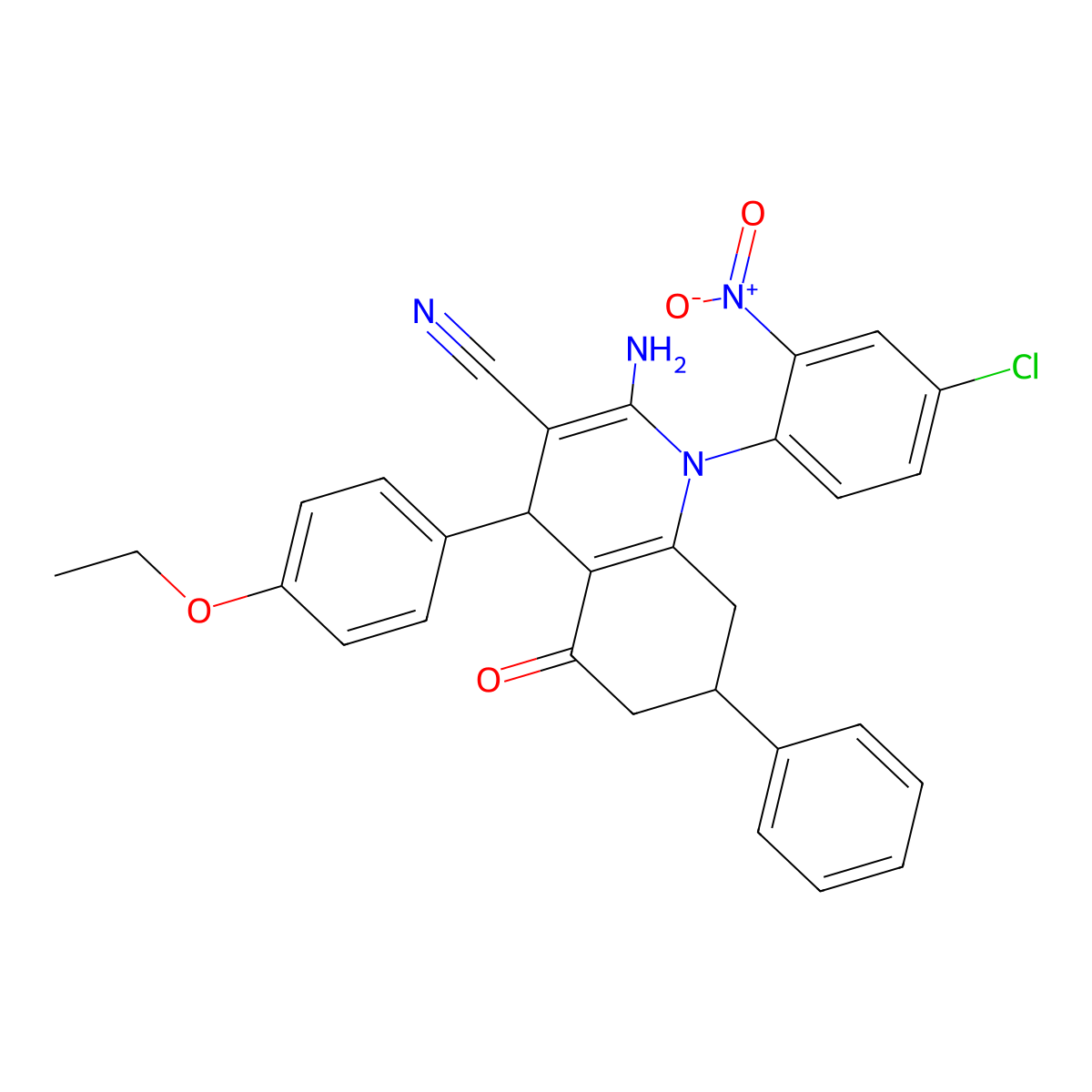 2-Amino-1-{4-chloro-2-nitrophenyl}-4-(4-ethoxyphenyl)-5-oxo-7-phenyl-1,4,5,6,7,8-hexahydro-3-quinolinecarbonitrile molecular structure, CAS 444930-45-4