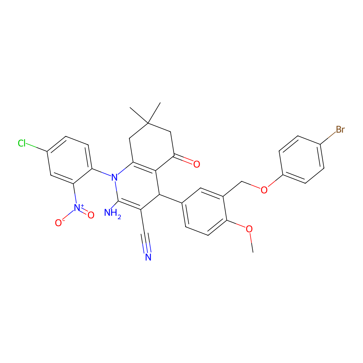 2-Amino-4-{3-[(4-bromophenoxy)methyl]-4-methoxyphenyl}-1-{4-chloro-2-nitrophenyl}-7,7-dimethyl-5-oxo-1,4,5,6,7,8-hexahydro-3-quinolinecarbonitrile molecular structure, CAS 444930-57-8