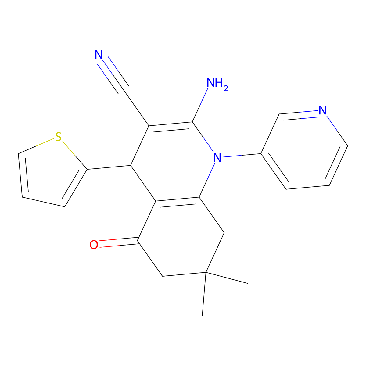 2-Amino-7,7-dimethyl-5-oxo-1-(3-pyridinyl)-4-(2-thienyl)-1,4,5,6,7,8-hexahydro-3-quinolinecarbonitrile molecular structure, CAS 444930-89-6