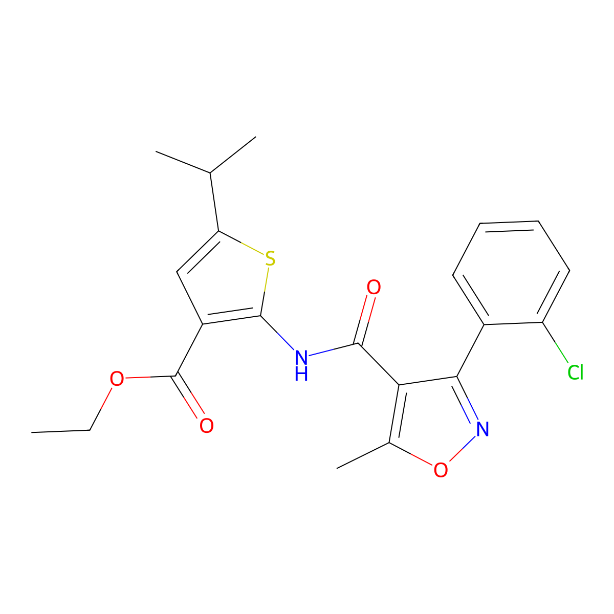 Ethyl 2-({[3-(2-chlorophenyl)-5-methyl-4-isoxazolyl]carbonyl}amino)-5-isopropyl-3-thiophenecarboxylate molecular structure, CAS 444931-22-0