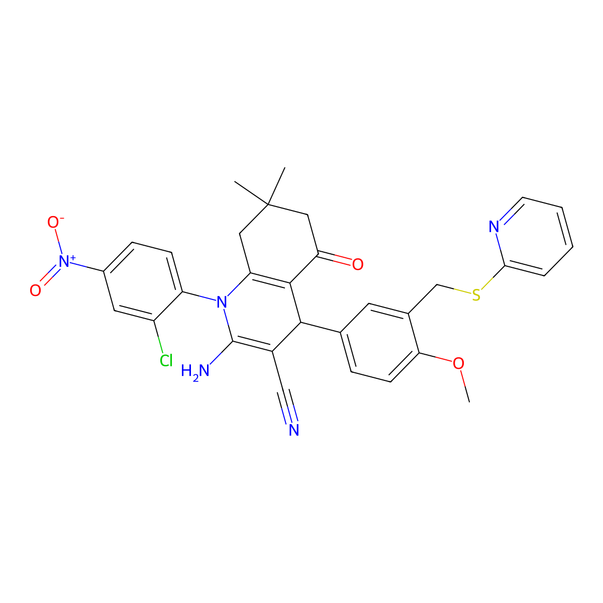 2-amino-1-(2-chloro-4-nitrophenyl)-4-[4-methoxy-3-(pyridin-2-ylsulfanylmethyl)phenyl]-7,7-dimethyl-5-oxo-6,8-dihydro-4H-quinoline-3-carbonitrile molecular structure, CAS 444931-24-2