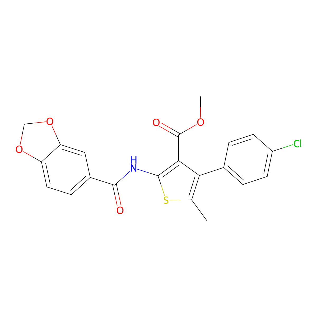 Methyl 2-[(1,3-benzodioxol-5-ylcarbonyl)amino]-4-(4-chlorophenyl)-5-methylthiophene-3-carboxylate molecular structure, CAS 444931-38-8