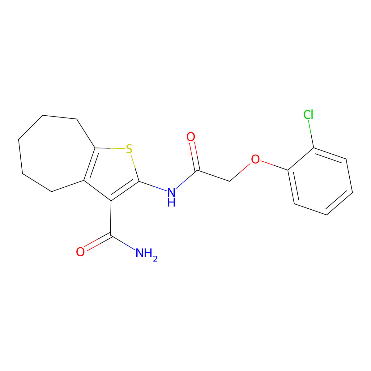 2-[[2-(2-chlorophenoxy)acetyl]amino]-5,6,7,8-tetrahydro-4H-cyclohepta[b]thiophene-3-carboxamide molecular structure, CAS 444931-59-3